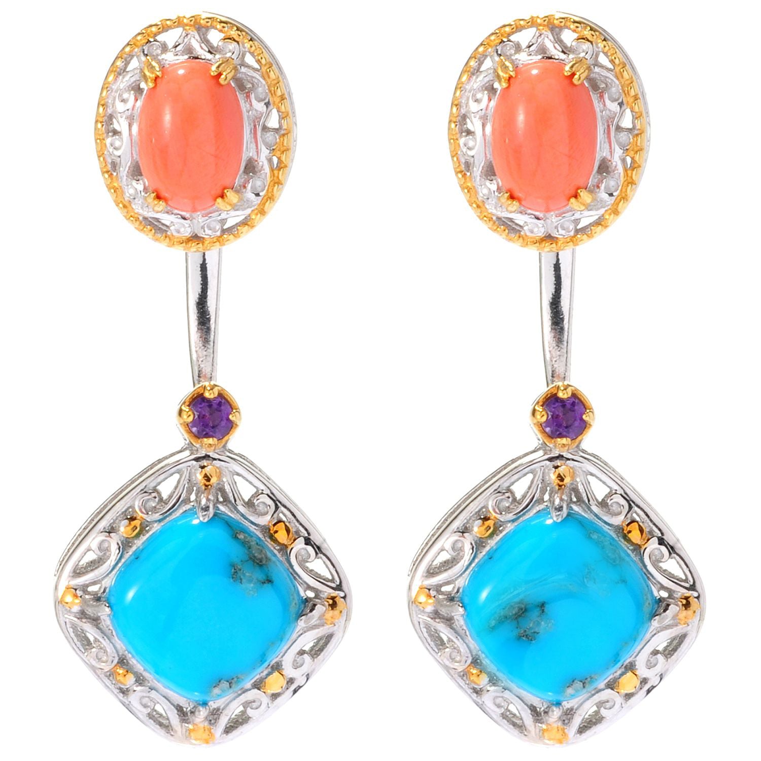 Gems en Vogue Turquoise Matrix, Salmon Coral & Amethyst Front/Back Drop Earrings