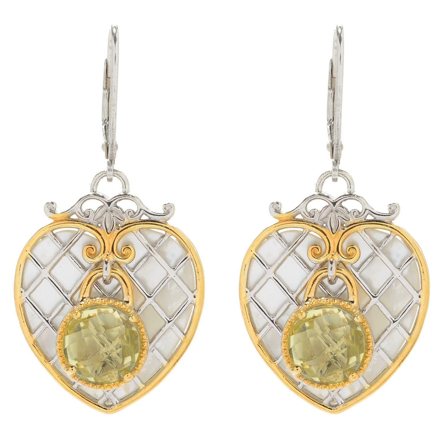 Gems en Vogue 3.74ctw Paris "Love Locks" Heart Shaped Mother-of-Pearl & Ouro Verde Drop Earrings