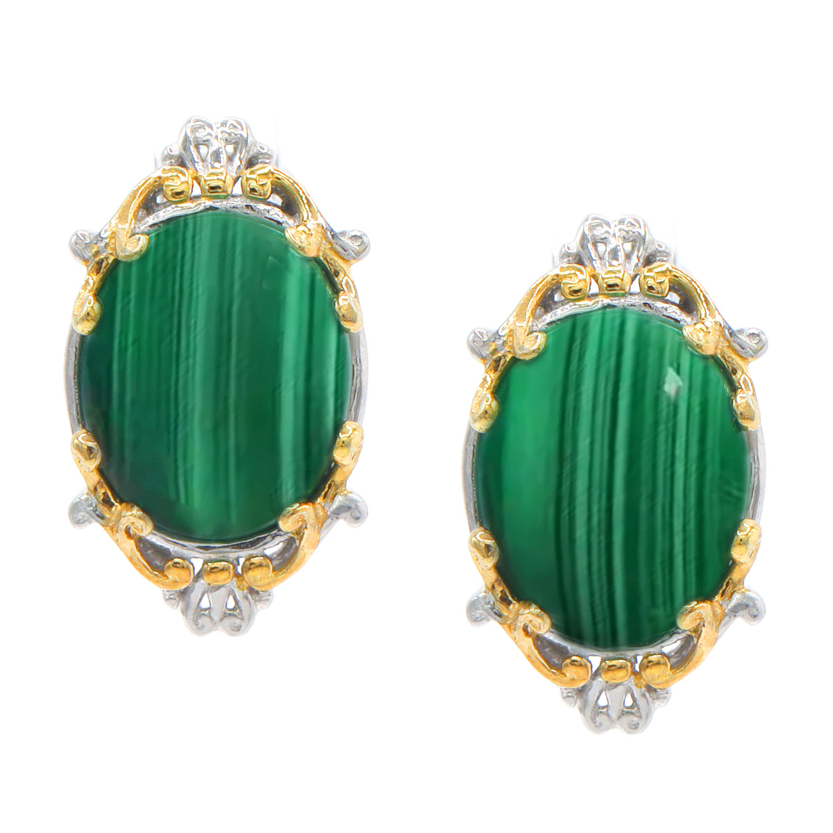 Gems en Vogue 24K Palladium Silver Malachite Omega Back Earrings