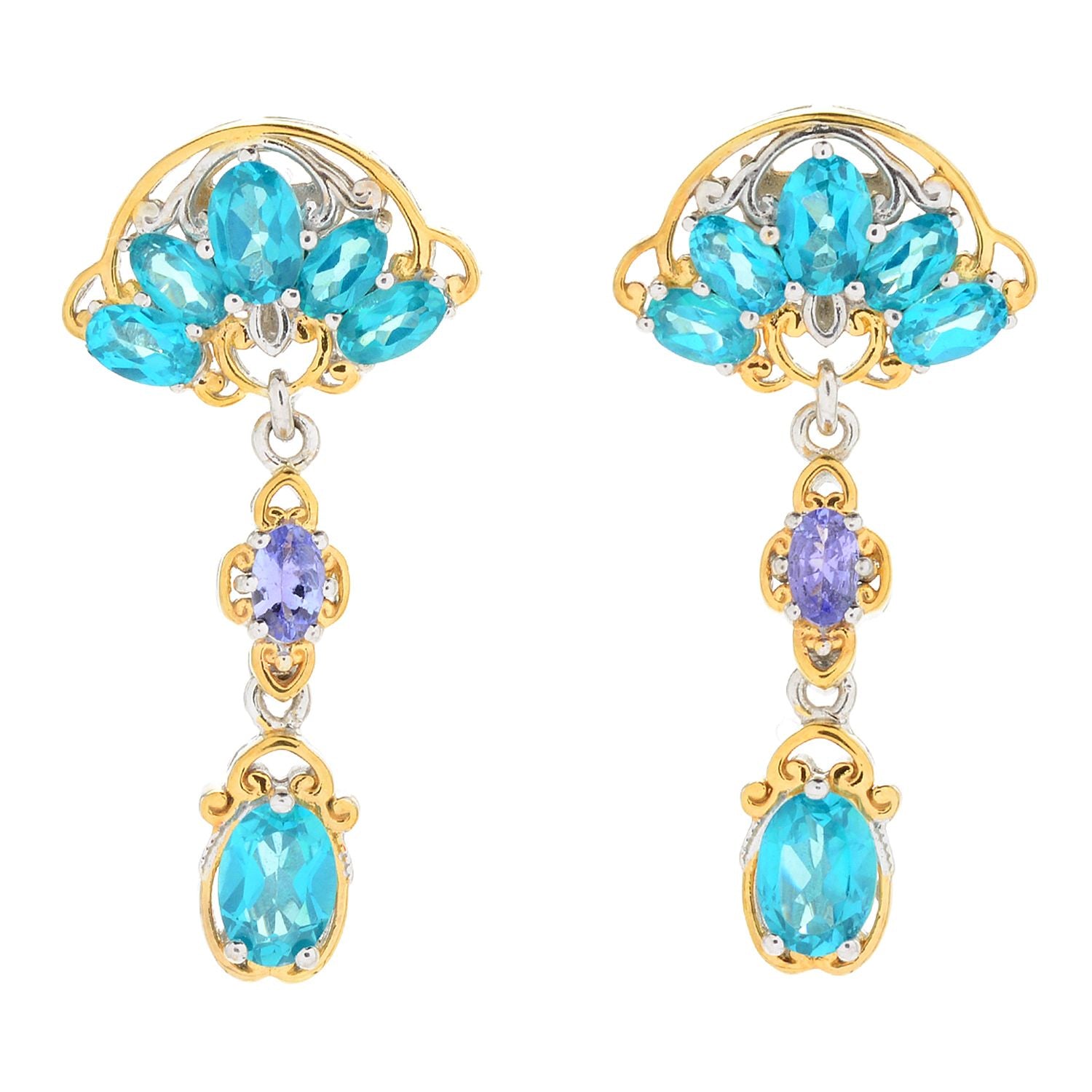 Gems en Vogue 5.06ctw Paraiba Topaz & Tanzanite Fan Drop Earrings