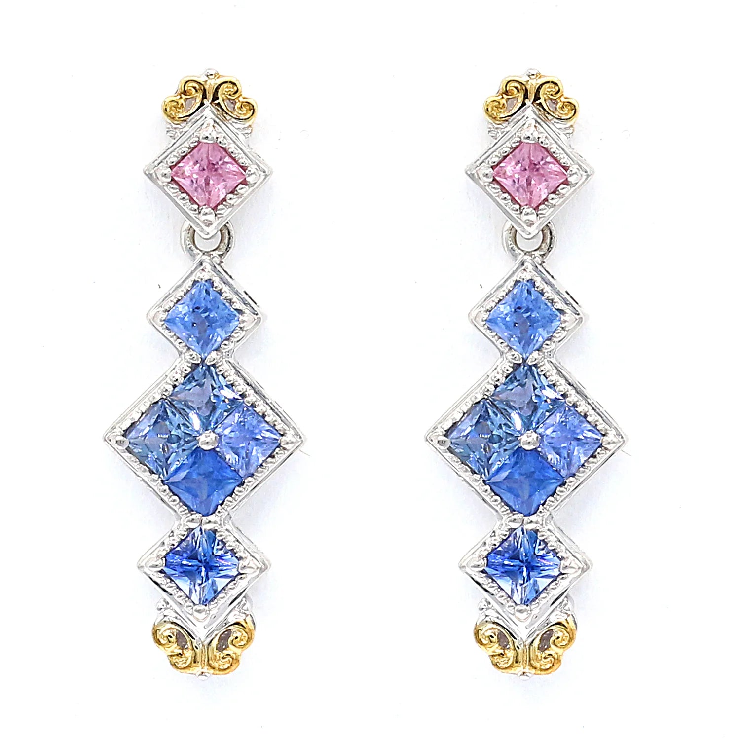 Gems en Vogue 2.52ctw Princess Cut Pink & Blue Sapphire Drop Earrings