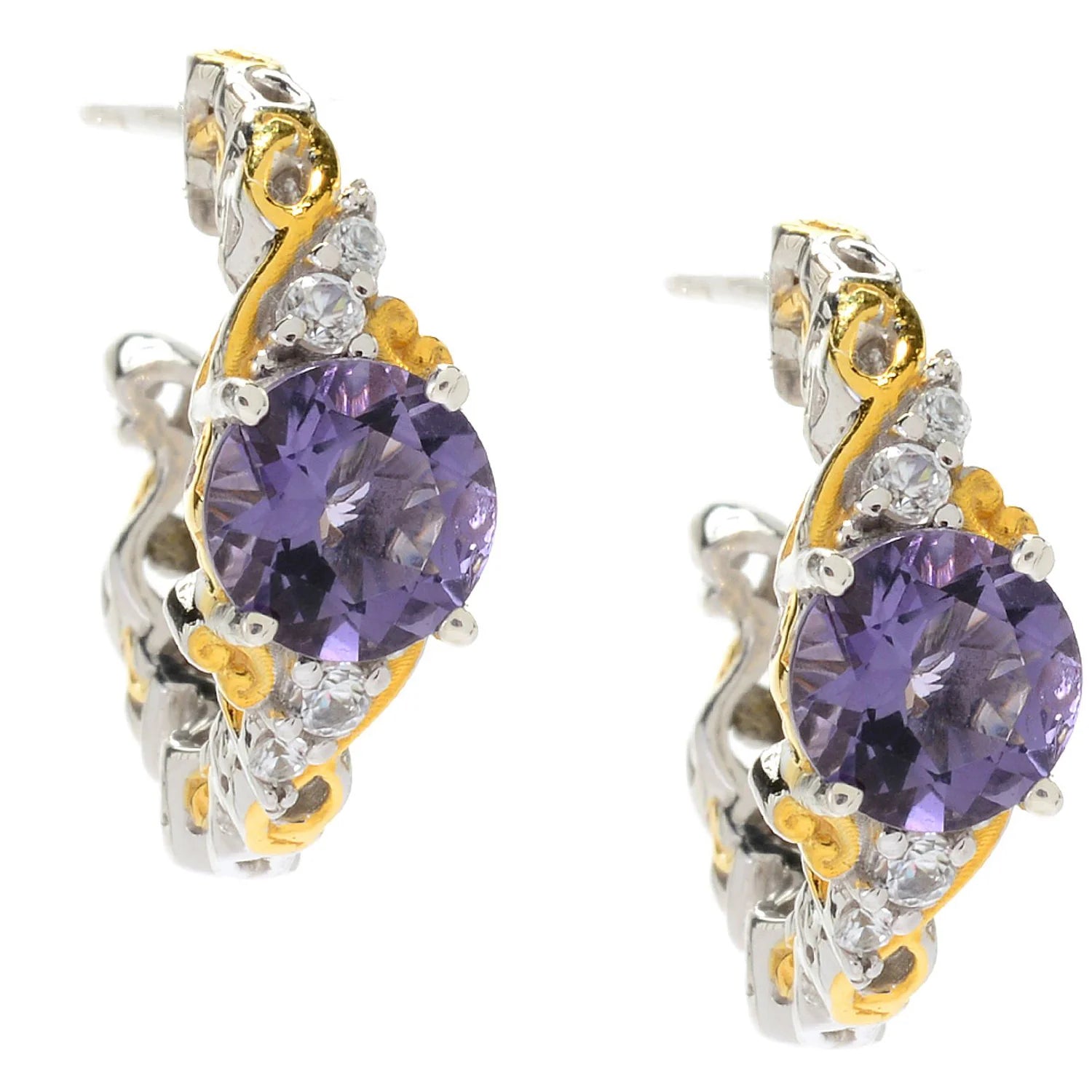 Gems en Vogue 3.36ctw Blue Amethyst & White Zircon Hoop Earrings