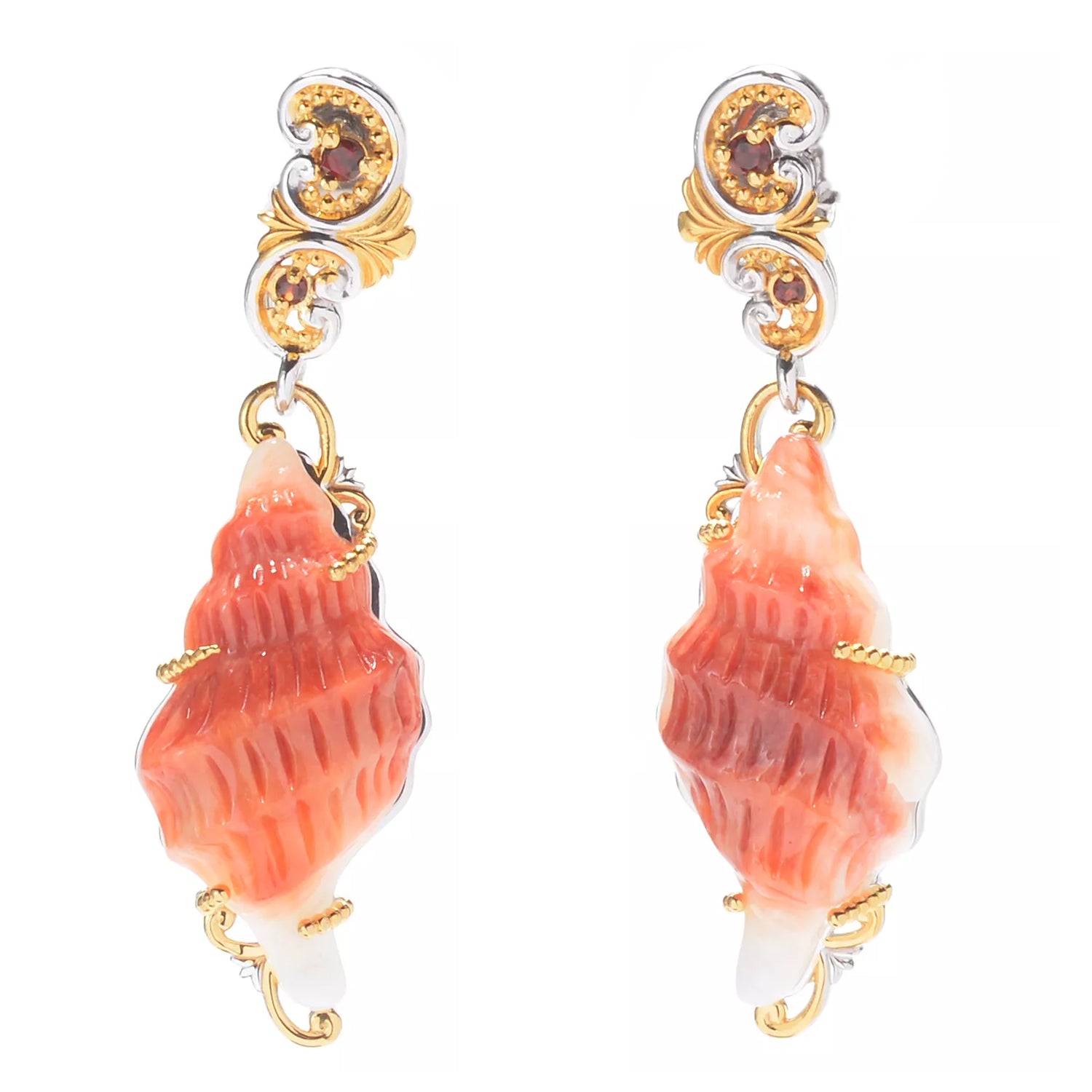 Gems en Vogue Carved Spiny Oyster & Garnet Drop Earrings