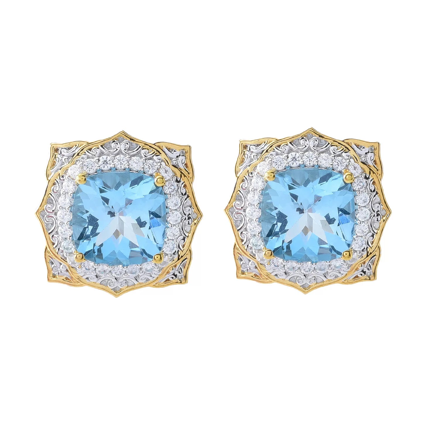 Gems en Vogue 11.96ctw Blue Topaz & White Zircon Halo Stud Earrings