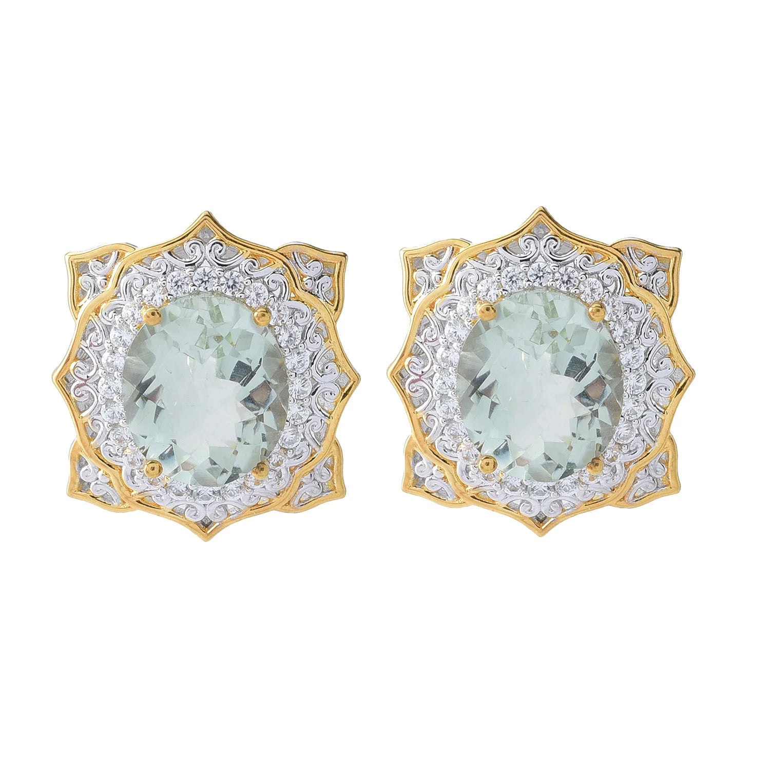 Gems en Vogue 9.76ctw Prasiolite & White Zircon Halo Stud Earrings