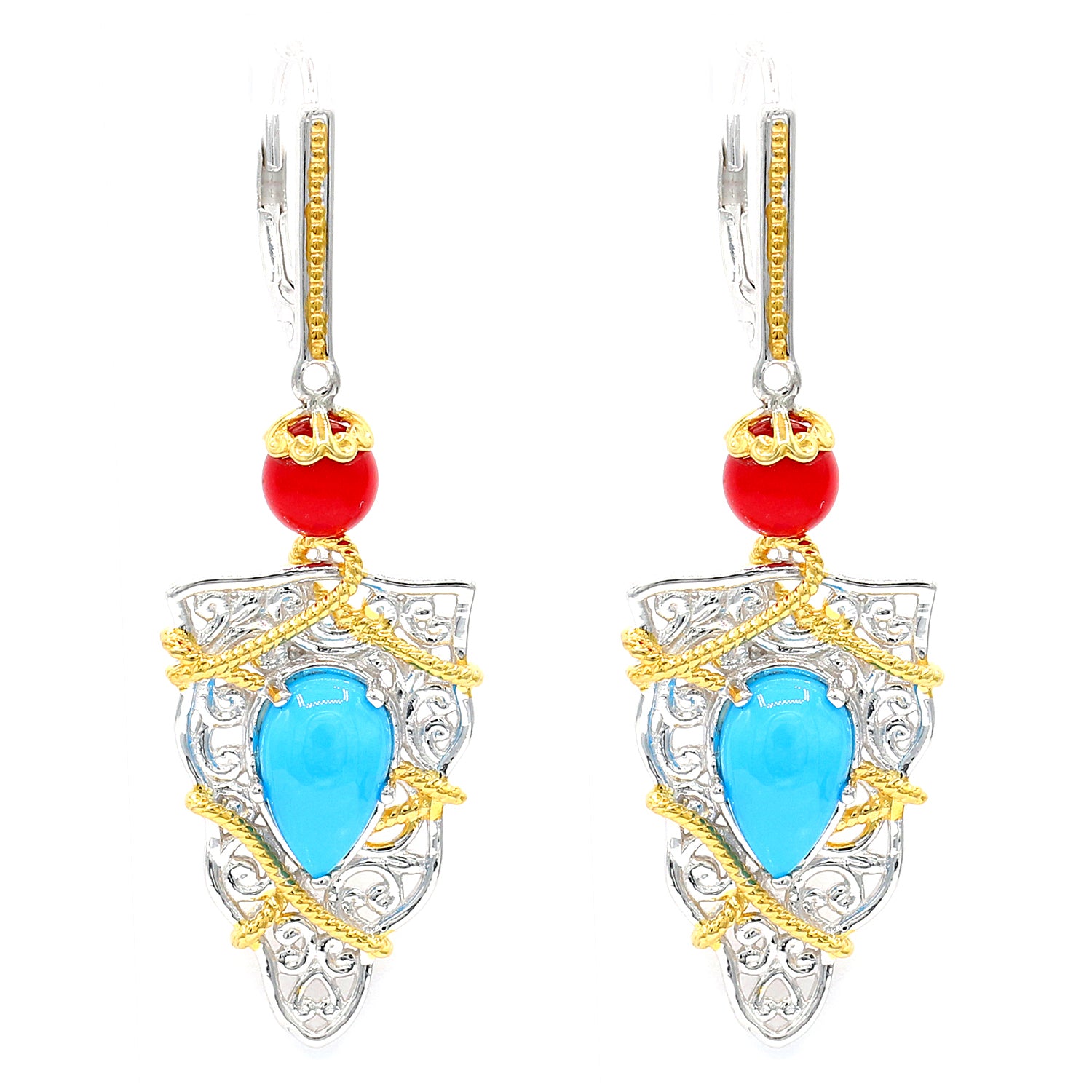 Gems en Vogue Sleeping Beauty Turquoise & Red Coral Rope Earrings