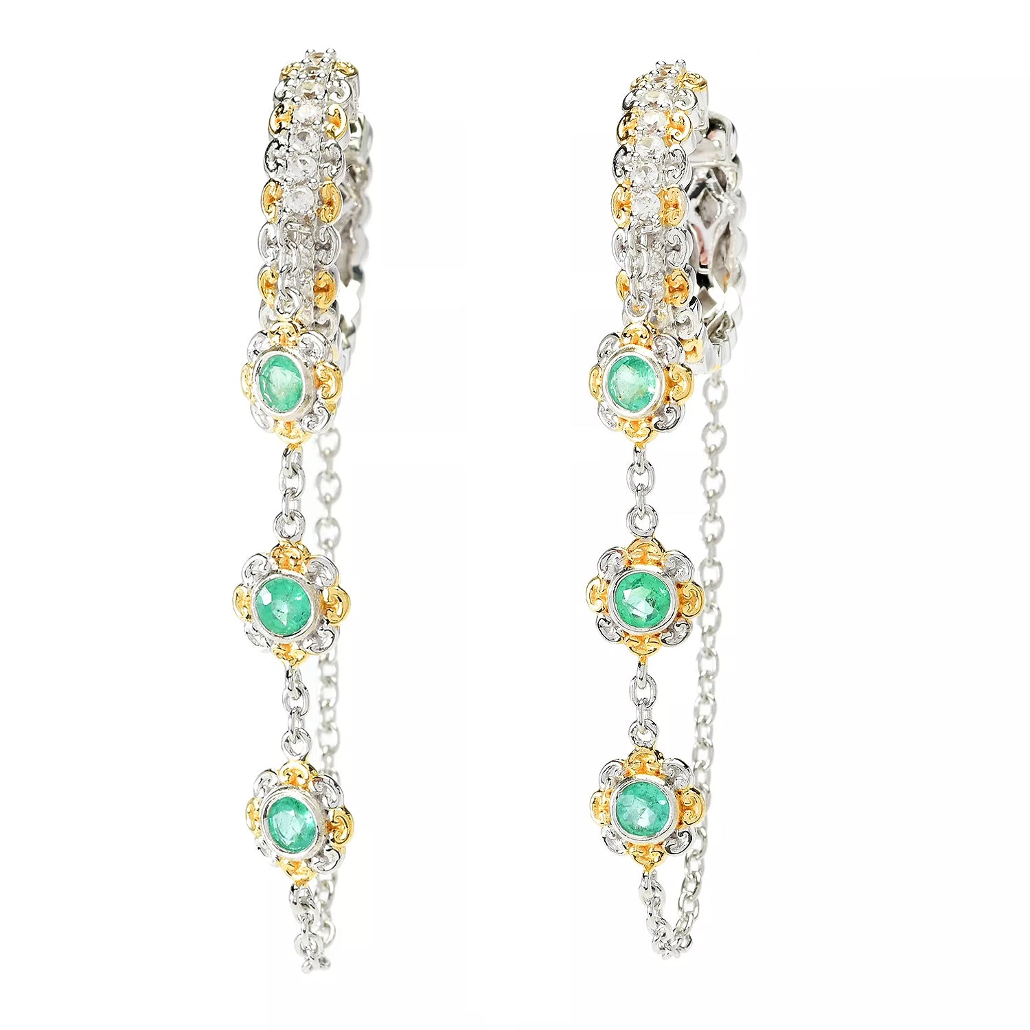 Gems en Vogue 0.94ctw Grizzly Emerald & White Zircon Hoop & Chain Earrings