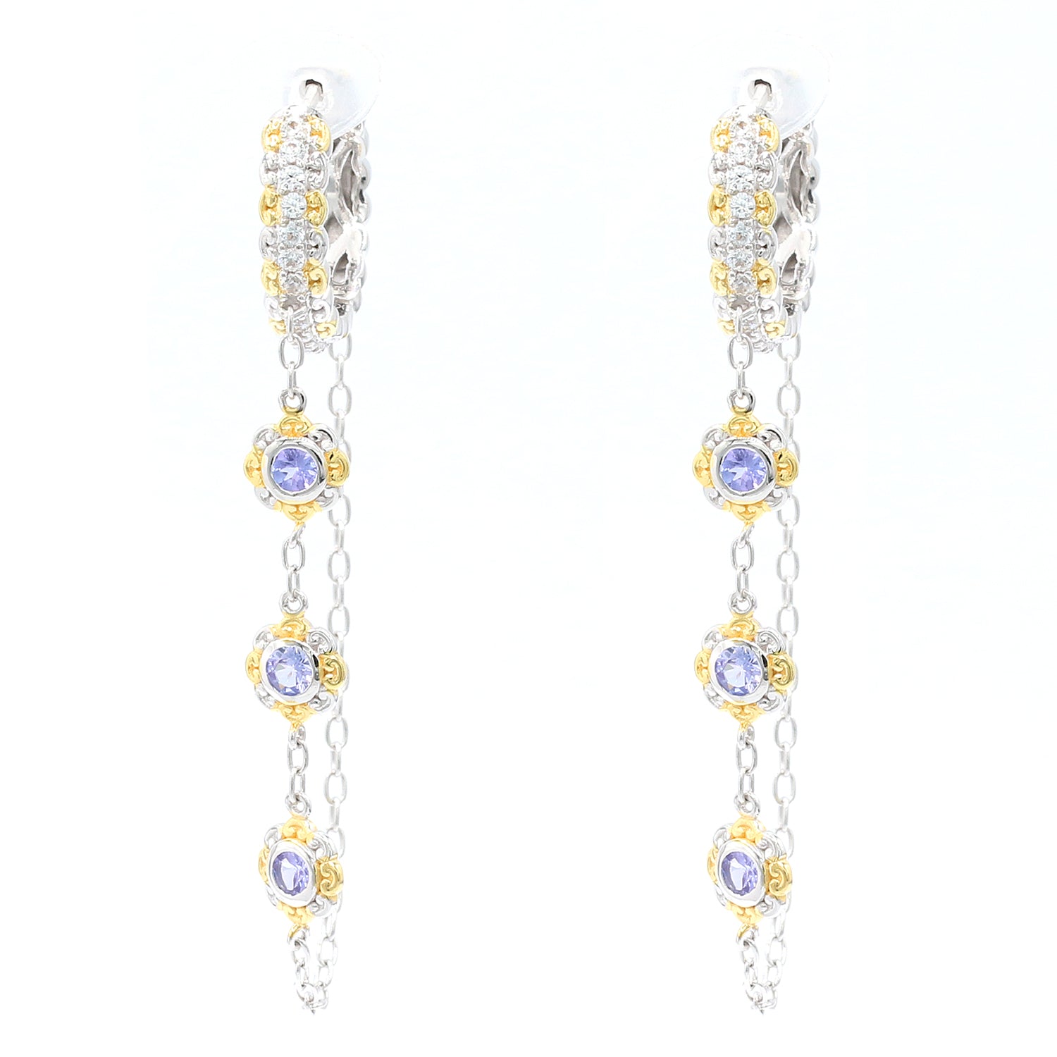 Gems en Vogue 1.32ctw Tanzanite & White Zircon Hoop & Chain Earrings
