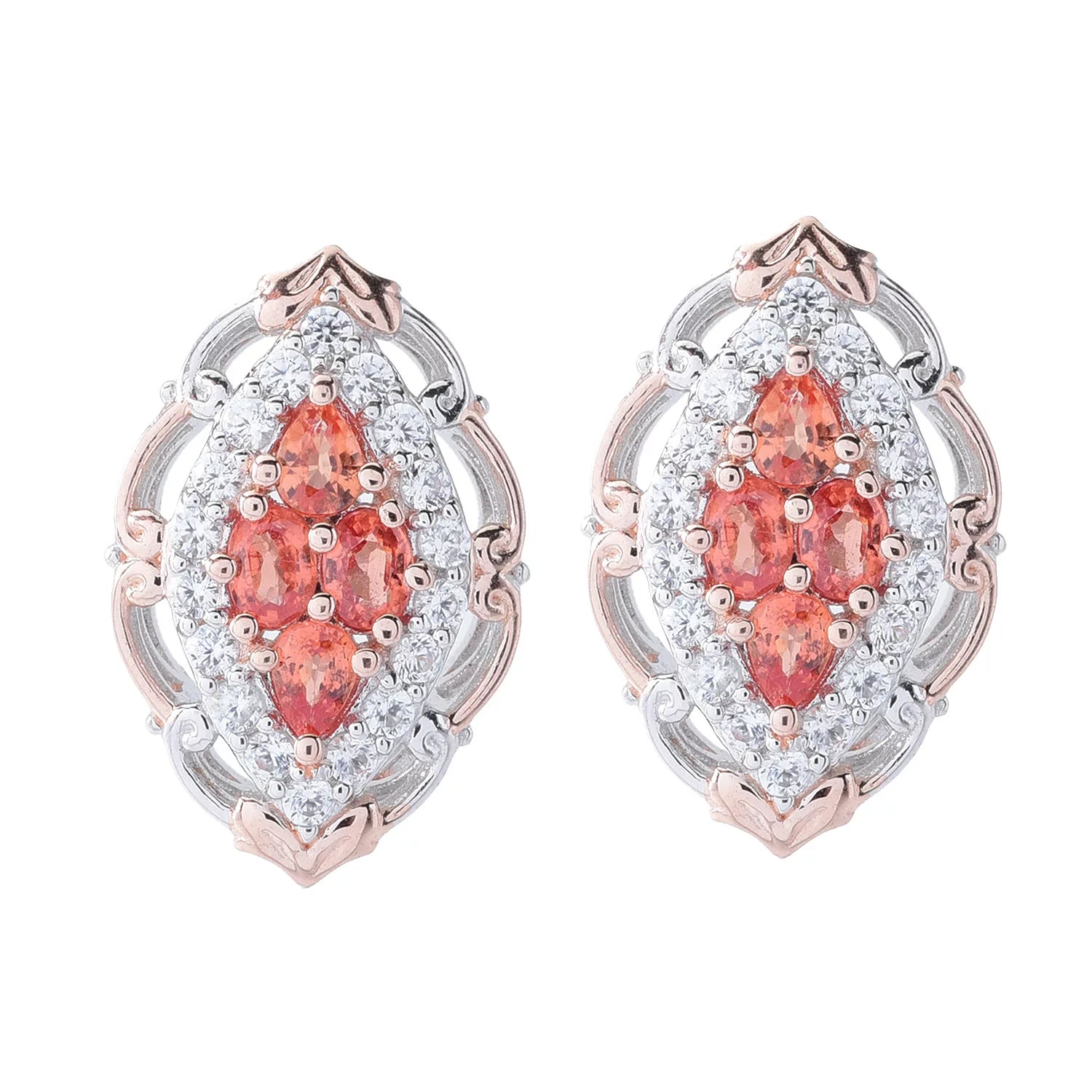 Gems en Vogue 1.90ctw Salmon Sapphire & White Zircon Stud Earrings