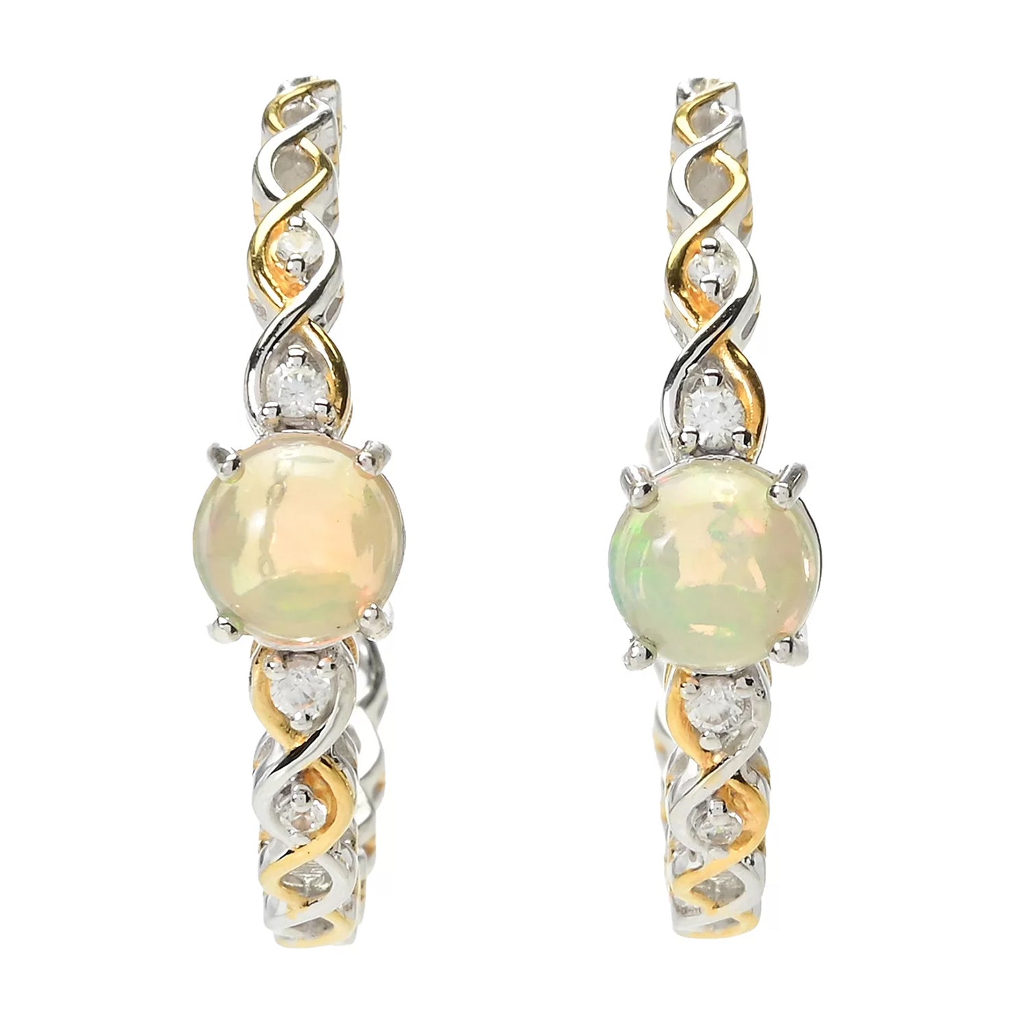 Gems en Vogue Ethiopian Opal & White Zircon Hoop Earrings