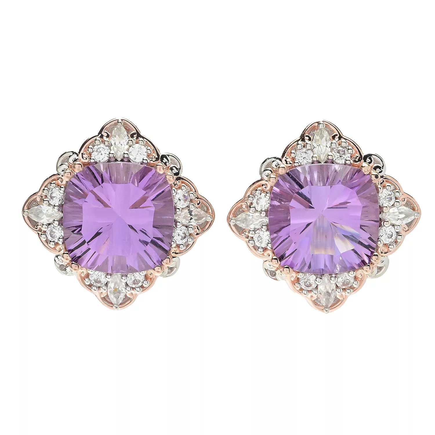 Gems en Vogue 13.62ctw Millennium Cut Pink Amethyst & White Zircon Stud Earrings