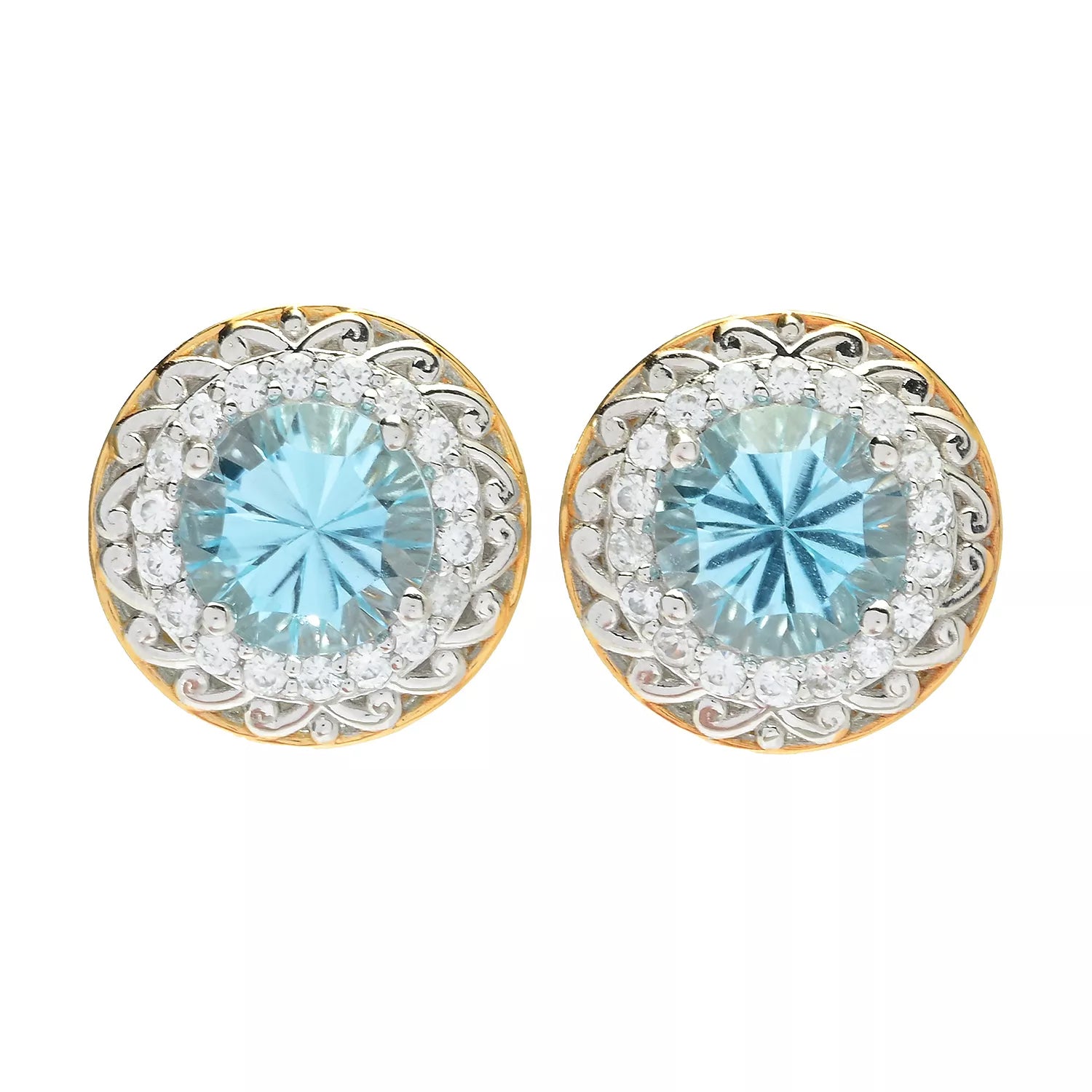 Gems en Vogue 5.52ctw Millennium Cut Blue Topaz & White Zircon Halo Stud Earrings