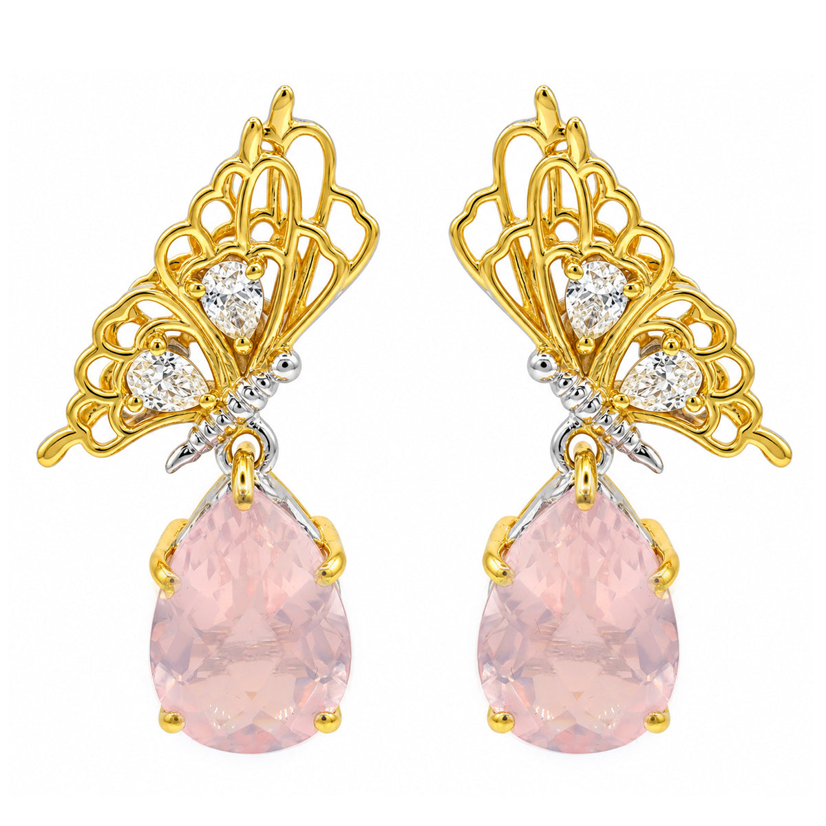 Gems en Vogue 24K Palladium Silver 10.64ctw Rose Quartz & White Zircon Butterfly Drop Earrings