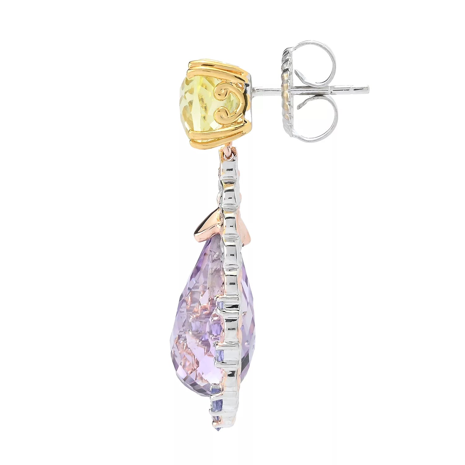 Gems en Vogue 18.02ctw Pink Amethyst, Ouro Verde & Tanzanite Drop Earrings