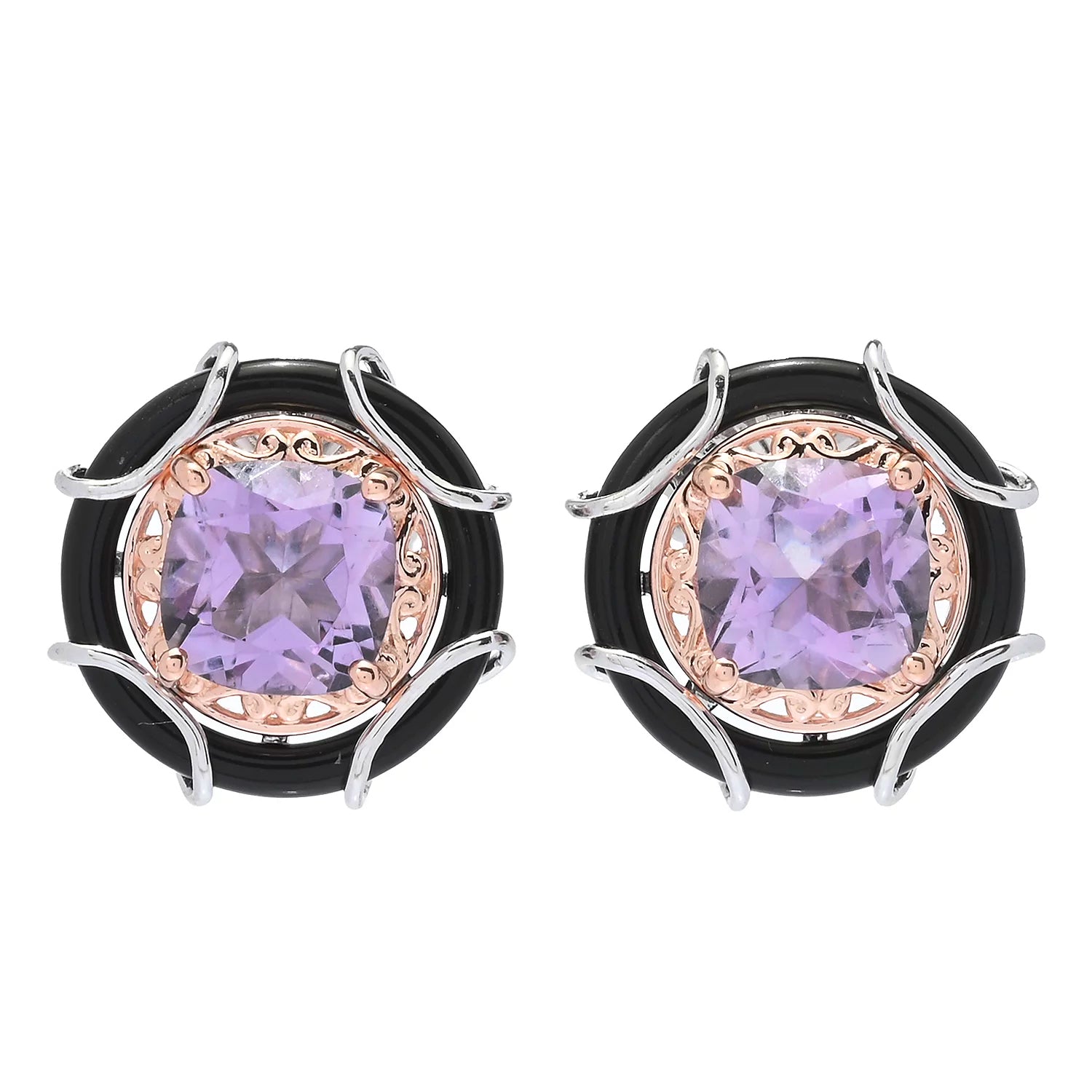 Gems en Vogue 4.20ctw Pink Amethyst & Black Onyx Donut Stud Earrings
