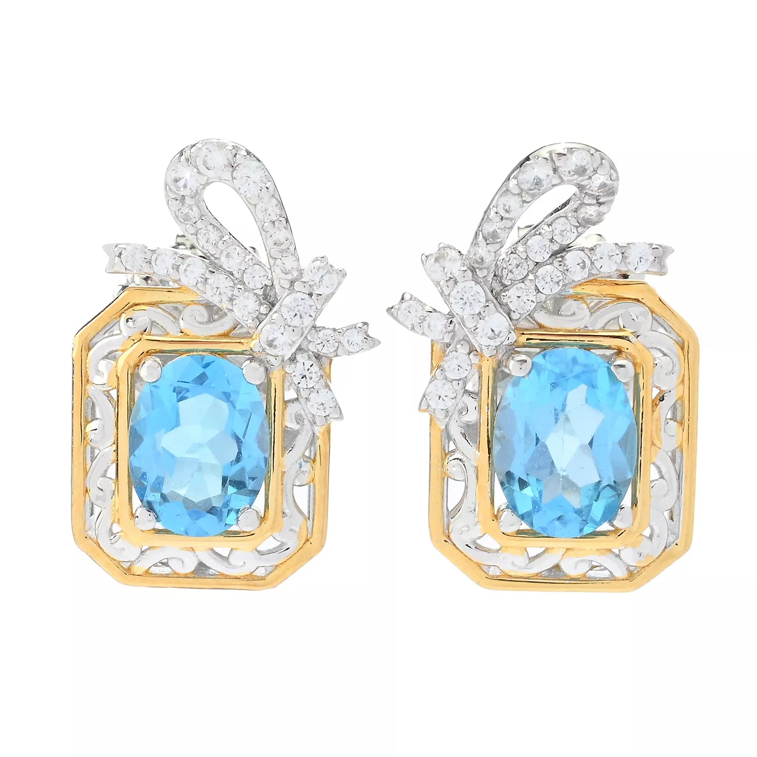 Gems en Vogue 3.60ctw Swiss Blue Topaz & White Zircon Bow Stud Earrings