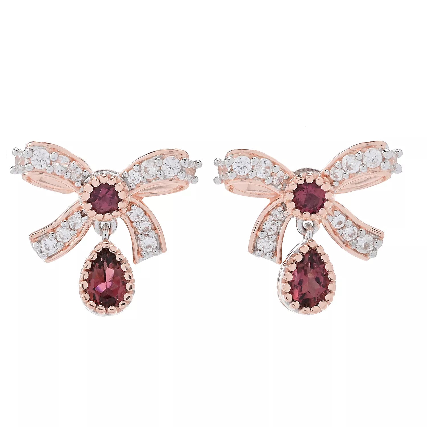 Gems en Vogue 2.12ctw Pink Tourmaline & White Zircon Bow Drop Earrings