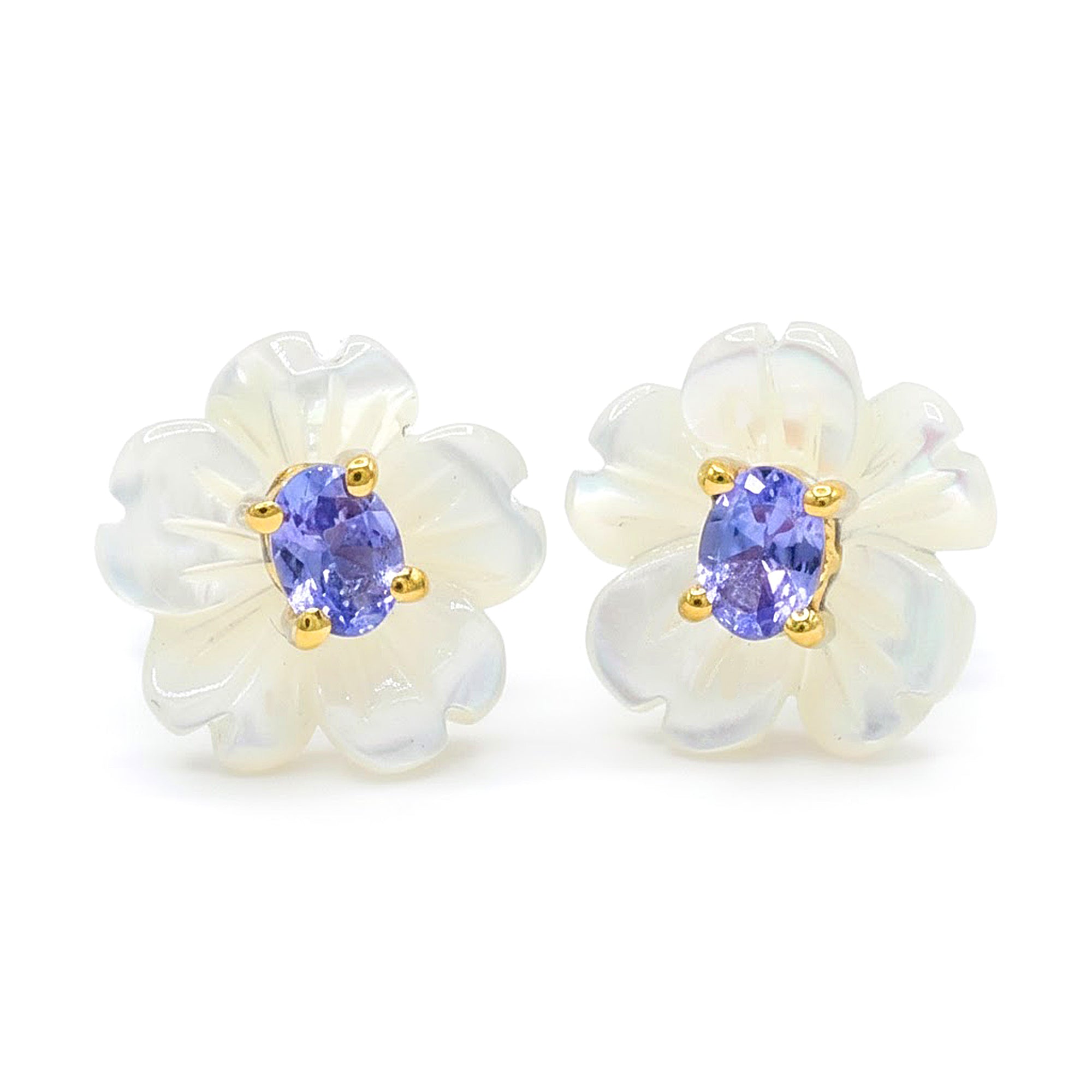 Gems en Vogue 24K Palladium Silver White Mother-of-Pearl & Tanzanite Carved Flower Stud Earrings