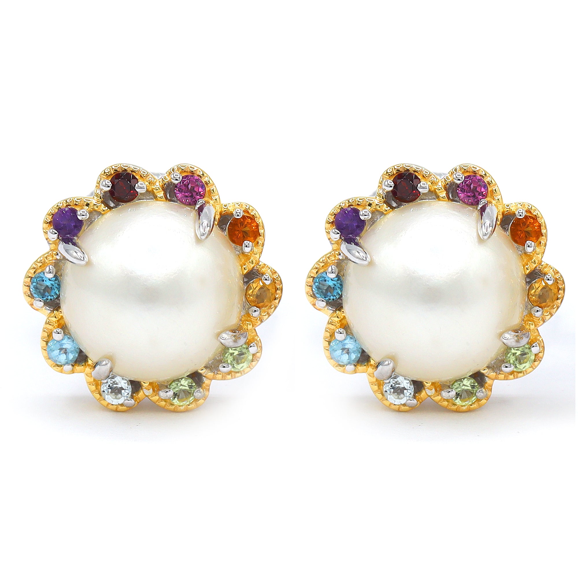 Gems en Vogue 24K Palladium Silver White Mabe Pearl & Multi Gemstones Flower Stud Earrings