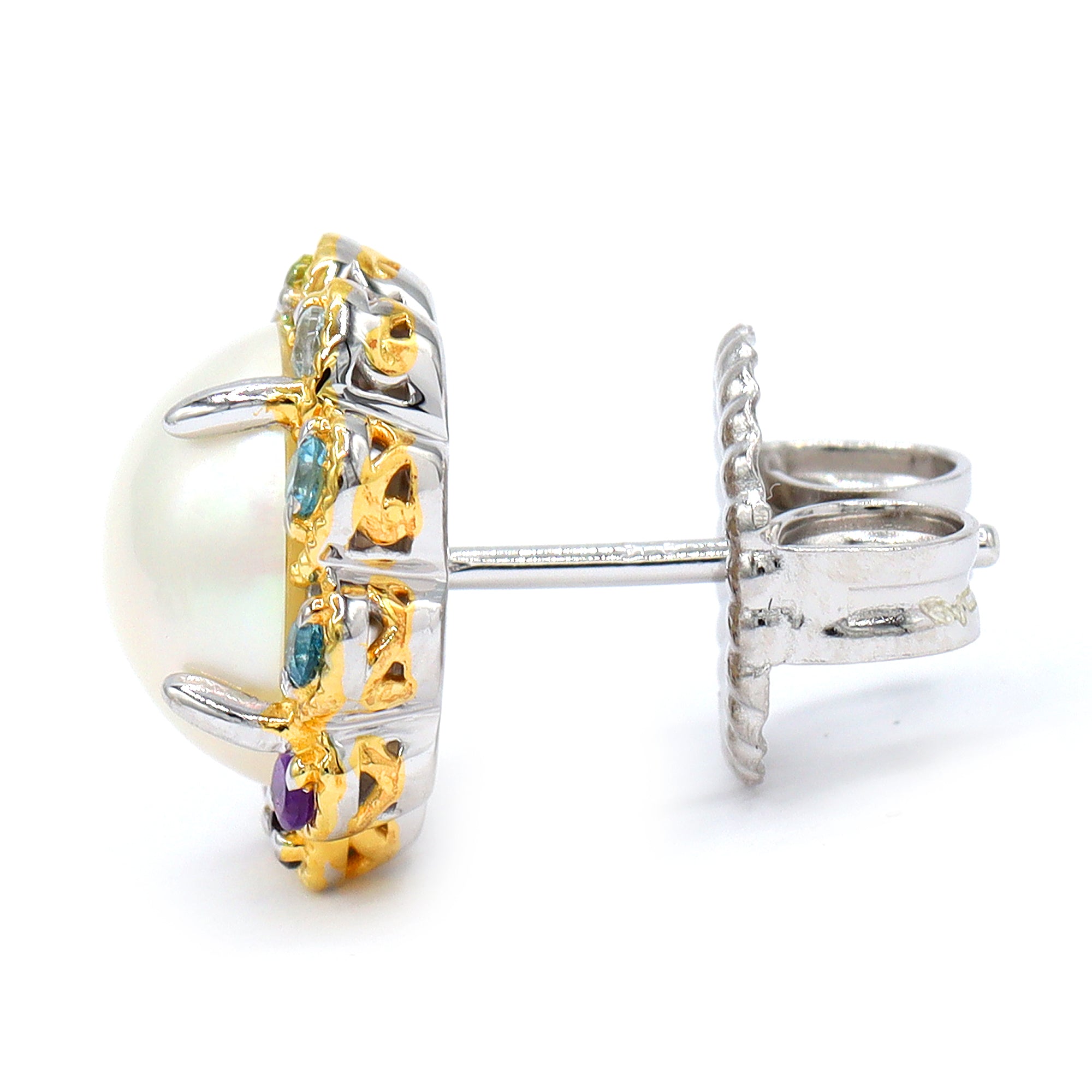 Gems en Vogue 24K Palladium Silver White Mabe Pearl & Multi Gemstones Flower Stud Earrings