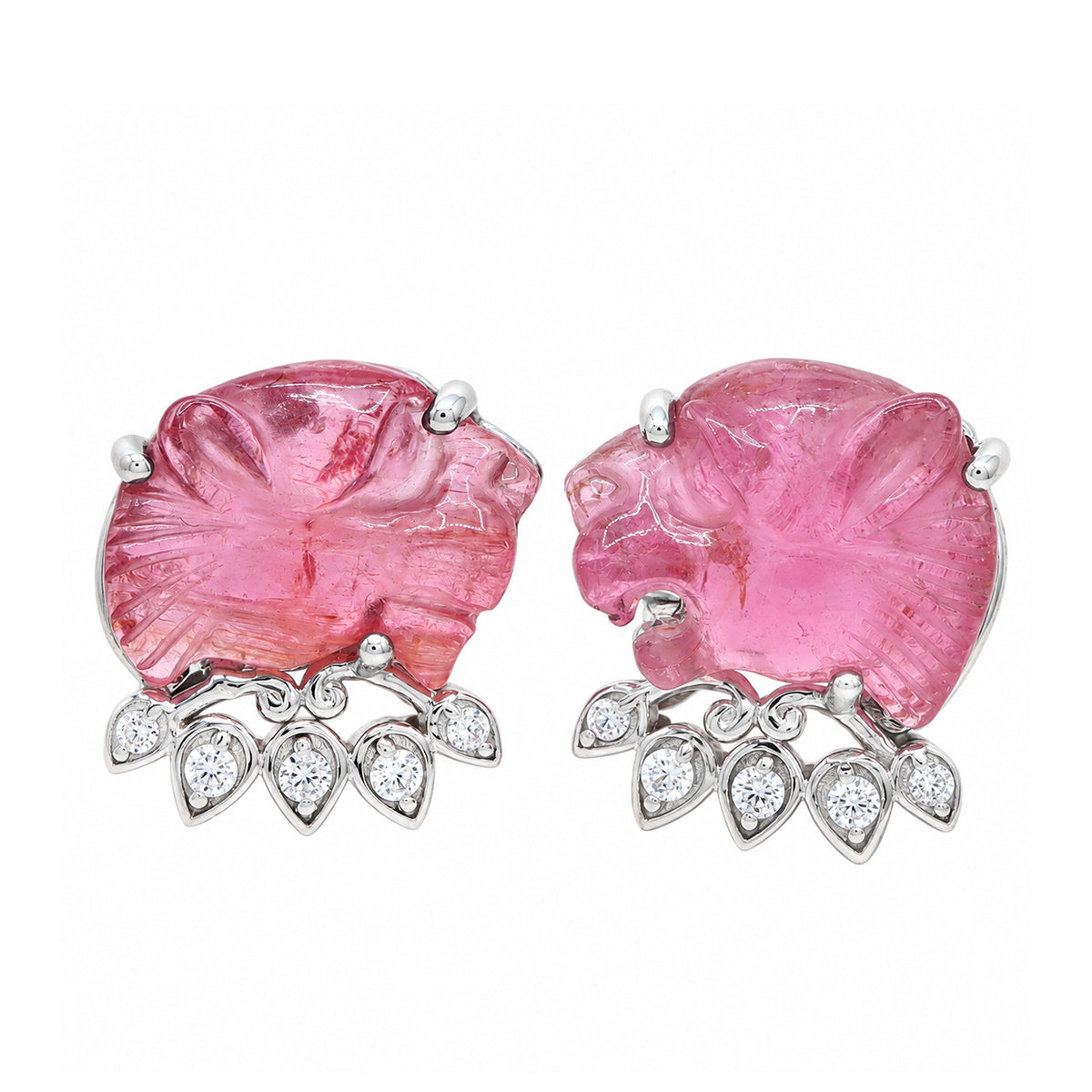 Couture Gems One-of-a-Kind 24K Palladium Silver Carved Panther Pink Tourmaline & White Zircon Stud Earrings