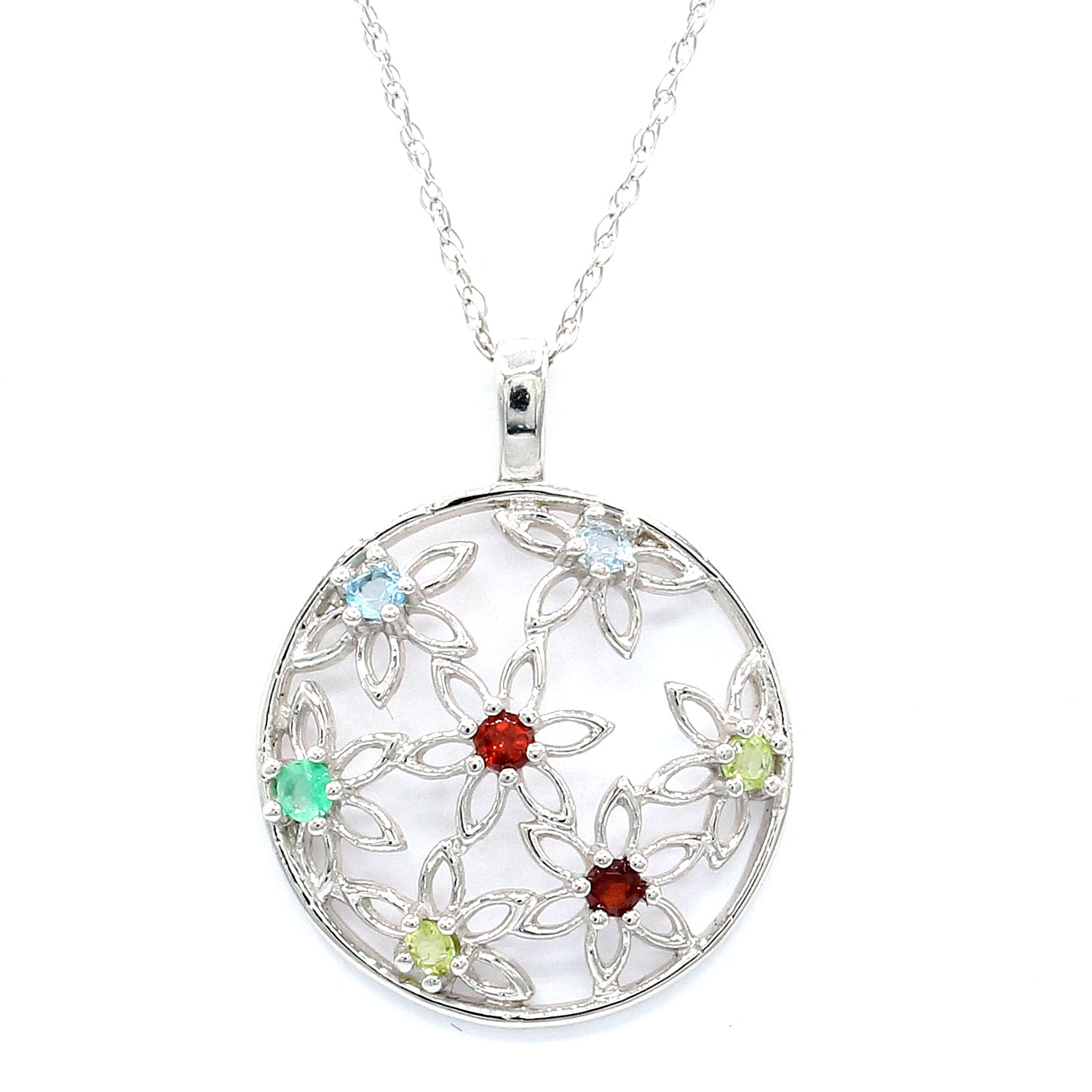 Golden Jewel 14K White Gold Multi Gemstones Flower Pendant