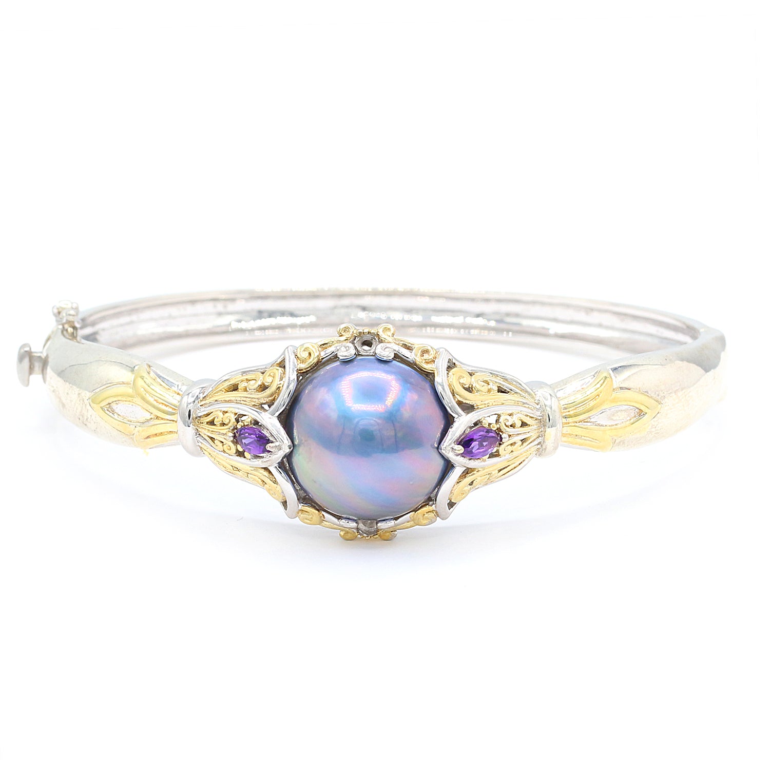 Gems en Vogue Choice of Mabe Pearl, Amethyst & Blue Sapphire Bangle Bracelet