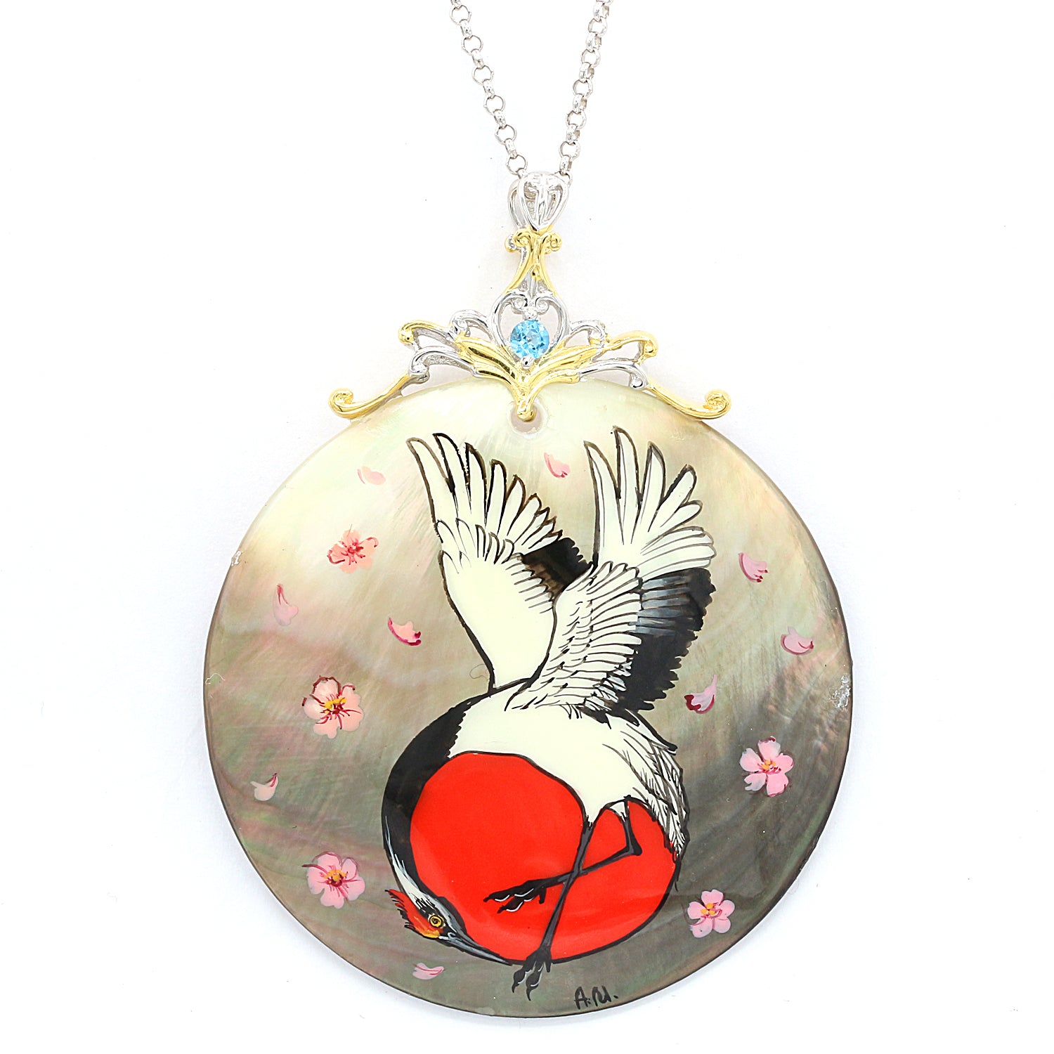 Gems en Vogue Hand Painted Shell & Swiss Blue Topaz Red Crown Crane with Cherry Blossom Flower Pendant