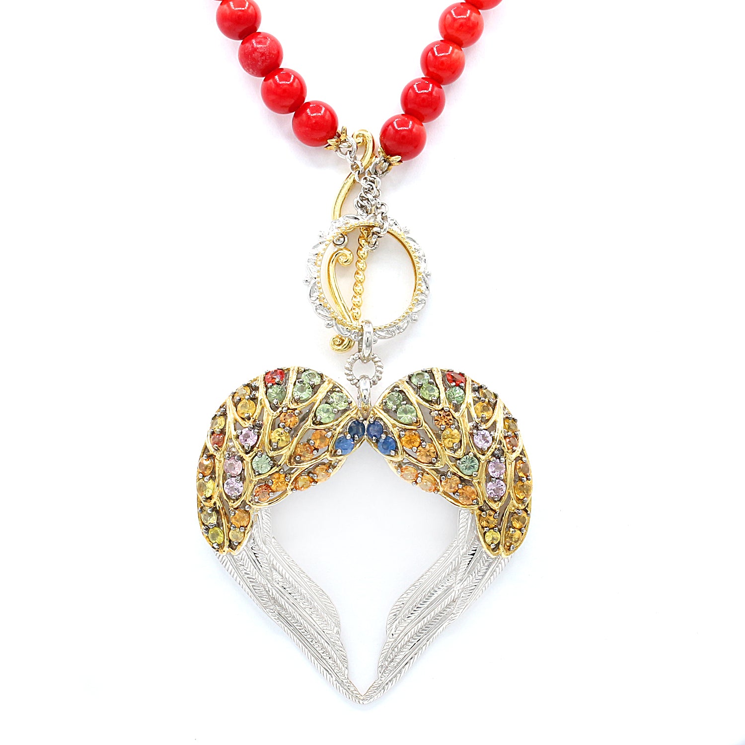 Gems en Vogue Multi Color Sapphire & Red Coral Wing Heart Toggle Necklace