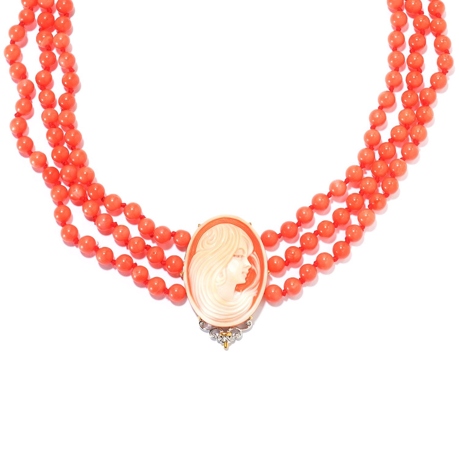 Gems en Vogue Carved Lady Portrait Cameo & Salmon Coral Bead Strands Necklace