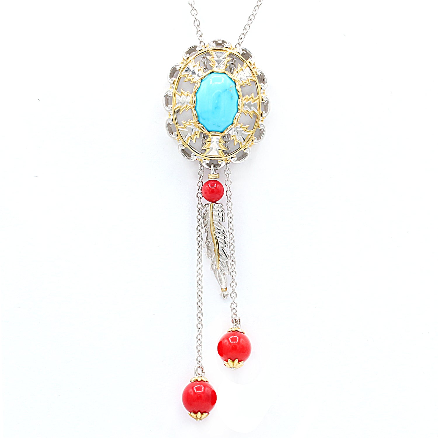 Gems en Vogue One-of-a-kind Kingman Turquoise & Red Coral Bolo Tie Necklace