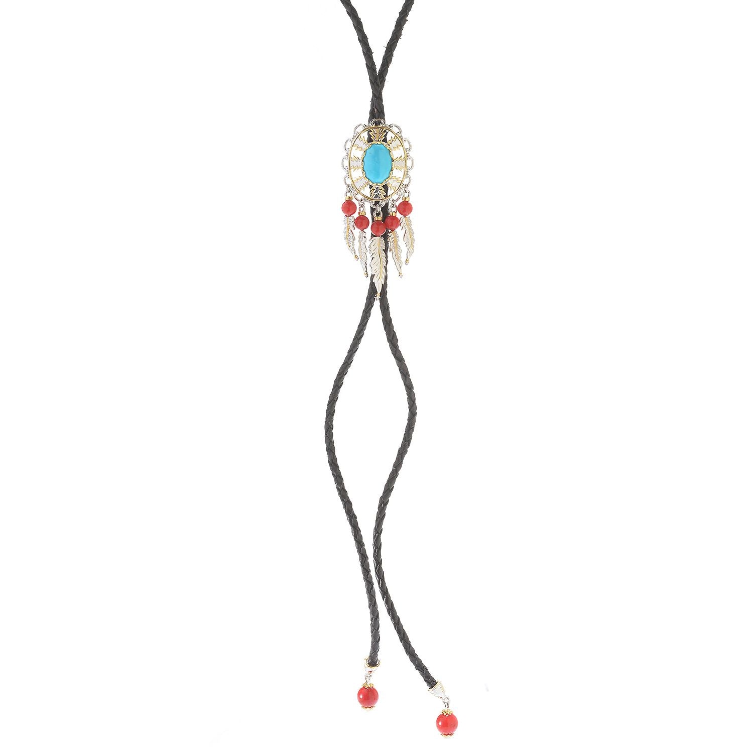 Gems en Vogue One-of-a-kind Kingman Turquoise & Red Coral Bolo Tie Necklace