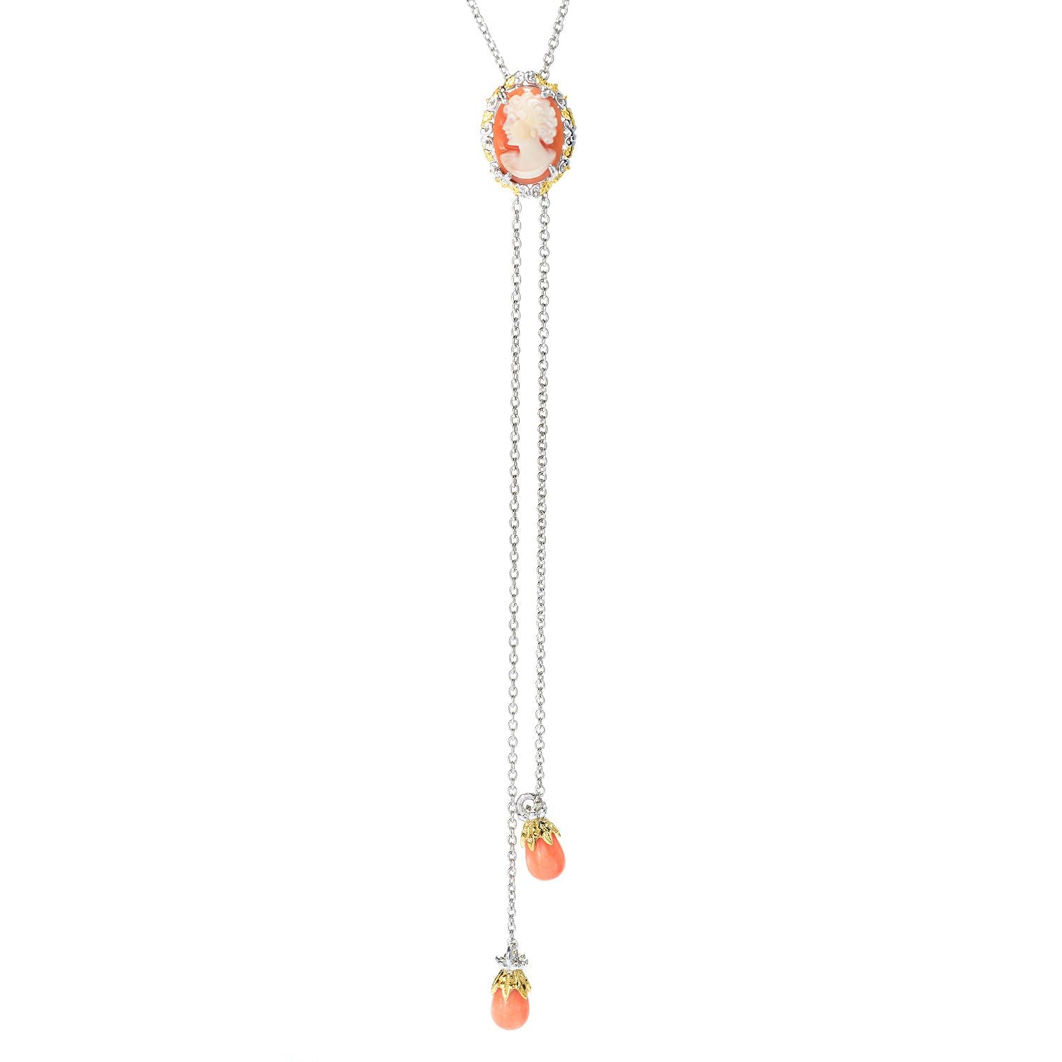 Gems en Vogue 24K Palladium Silver Carved Lady Cameo & Coral Bolo Necklace