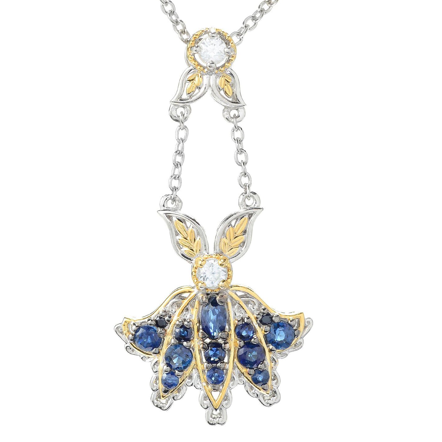 Gems en Vogue 1.61ctw Royal Blue Sapphire & White Zircon Leaf Necklace