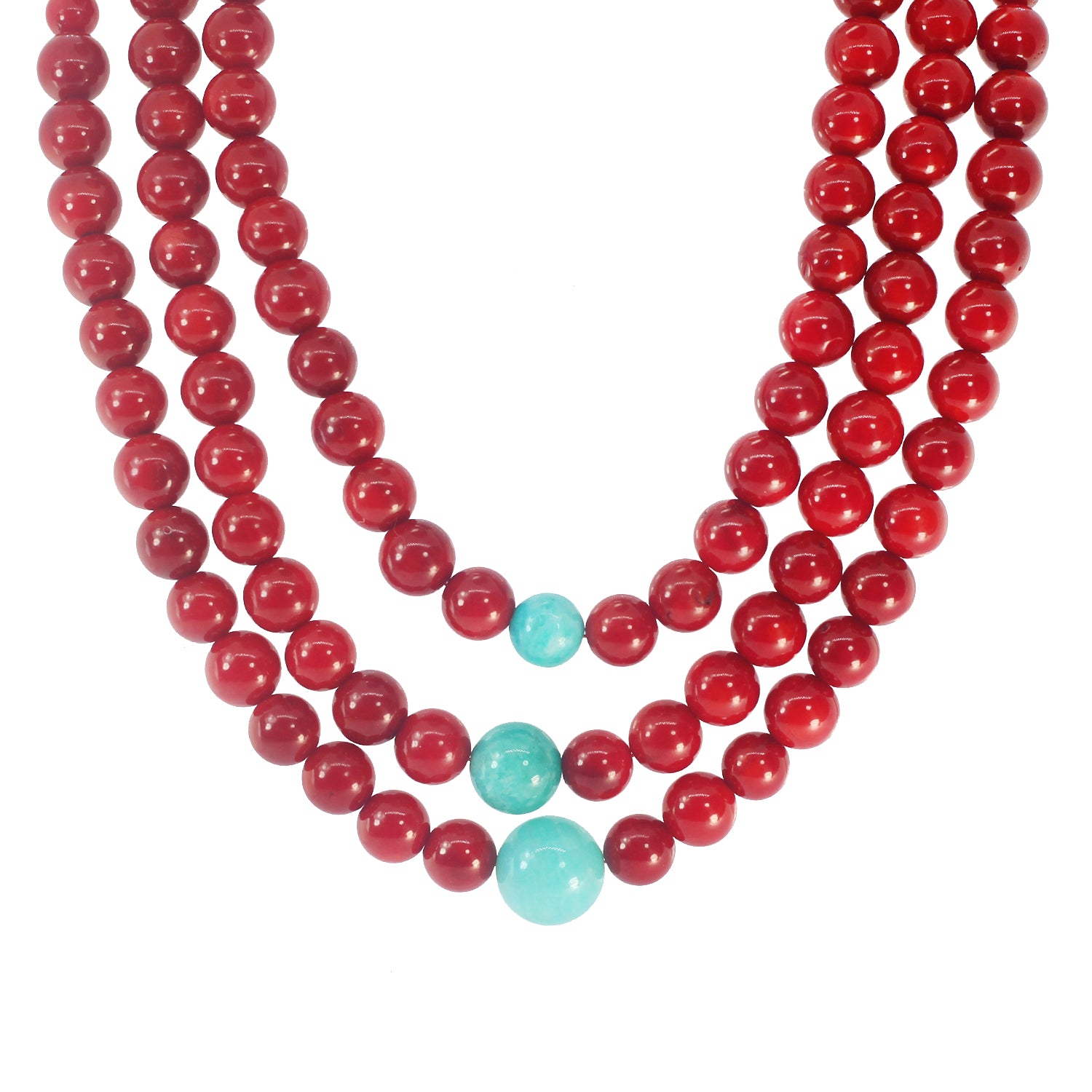 Gems en Vogue Red Coral & Amazonite Bead Three Strand Necklace