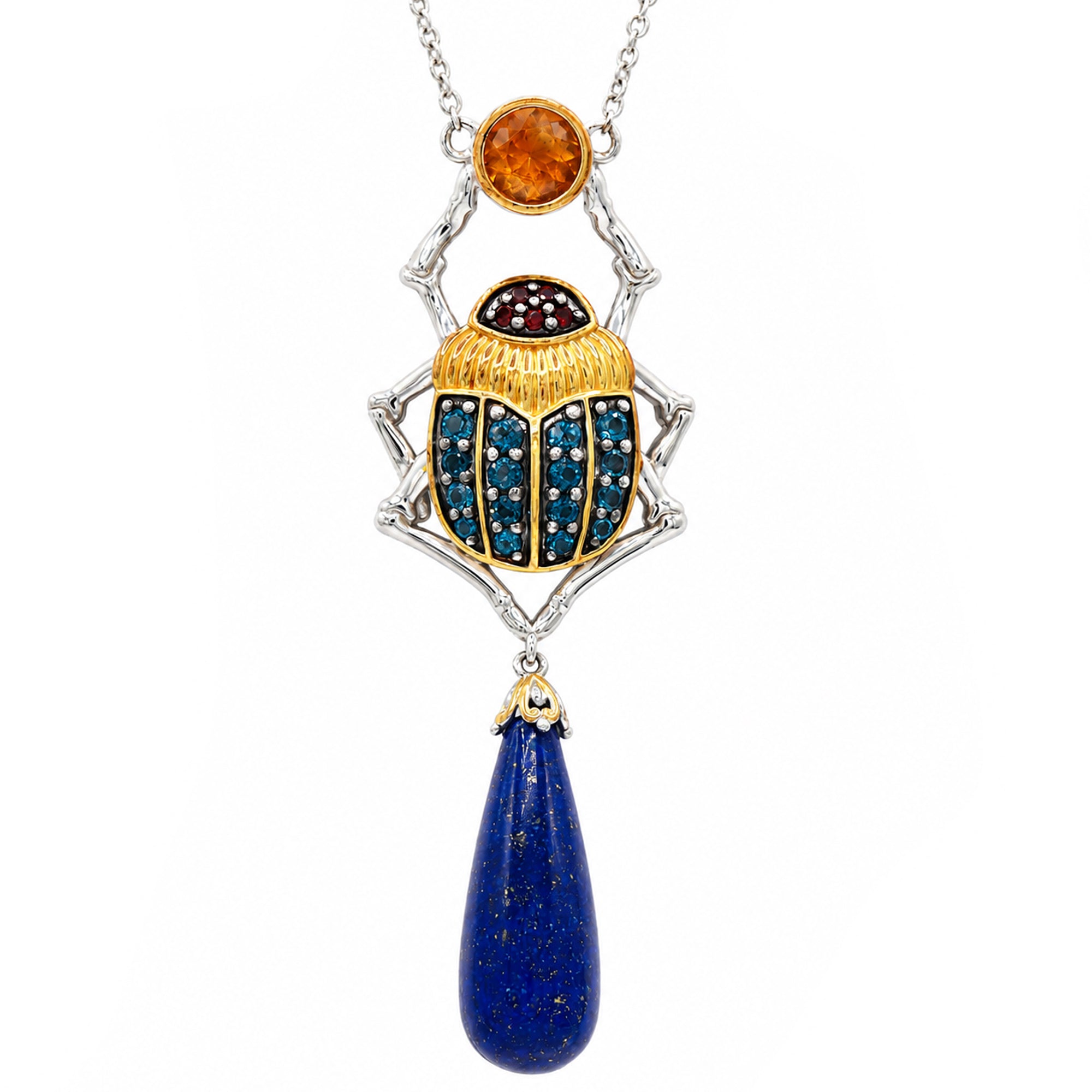 Gems en Vogue 24K Palladium Silver Lapis & Multi Gemstones Scarab Necklace