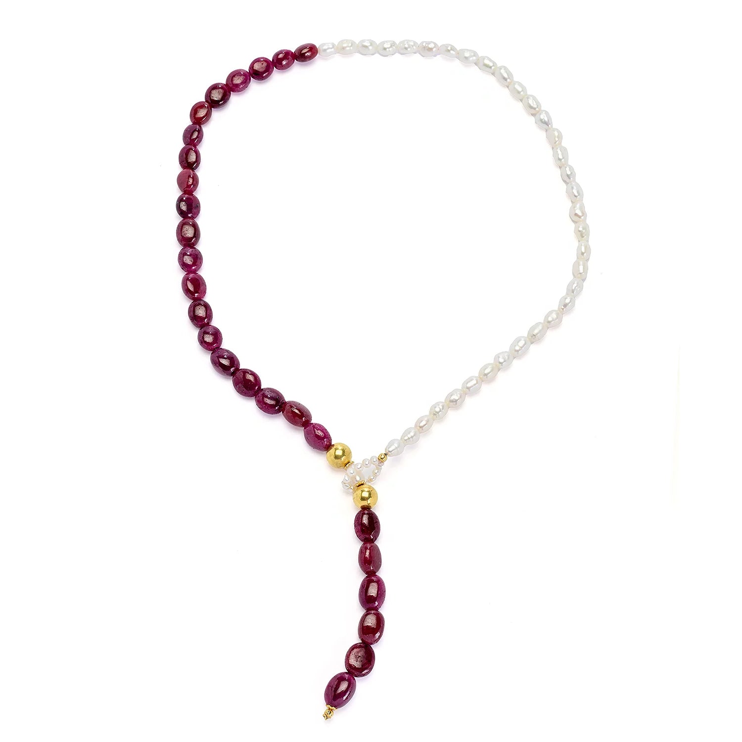 Gems en Vogue Ruby & Pearl Tumbled Bead Y Necklace