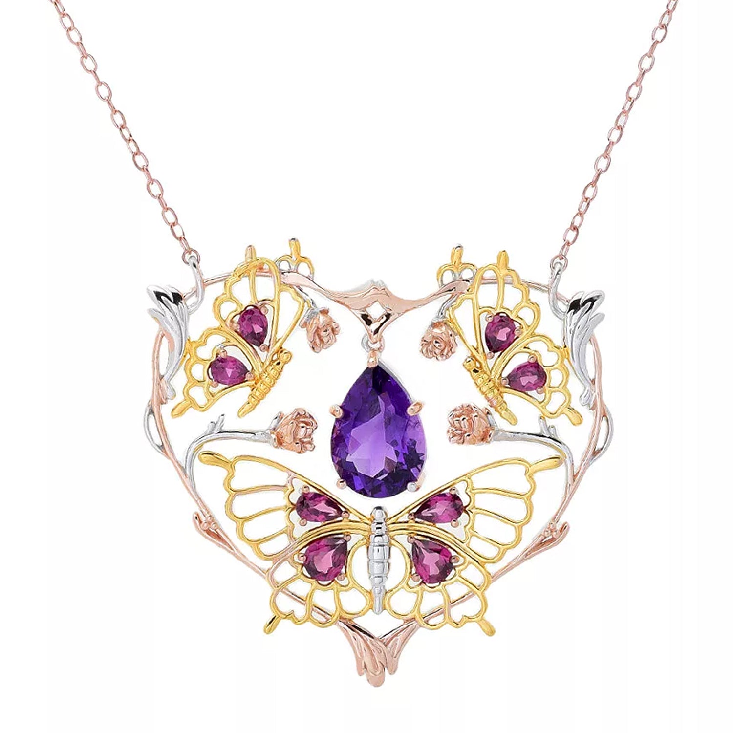 Gems en Vogue 6.89ctw Namibian Amethyst & Rhodolite Heart Butterfly Necklace
