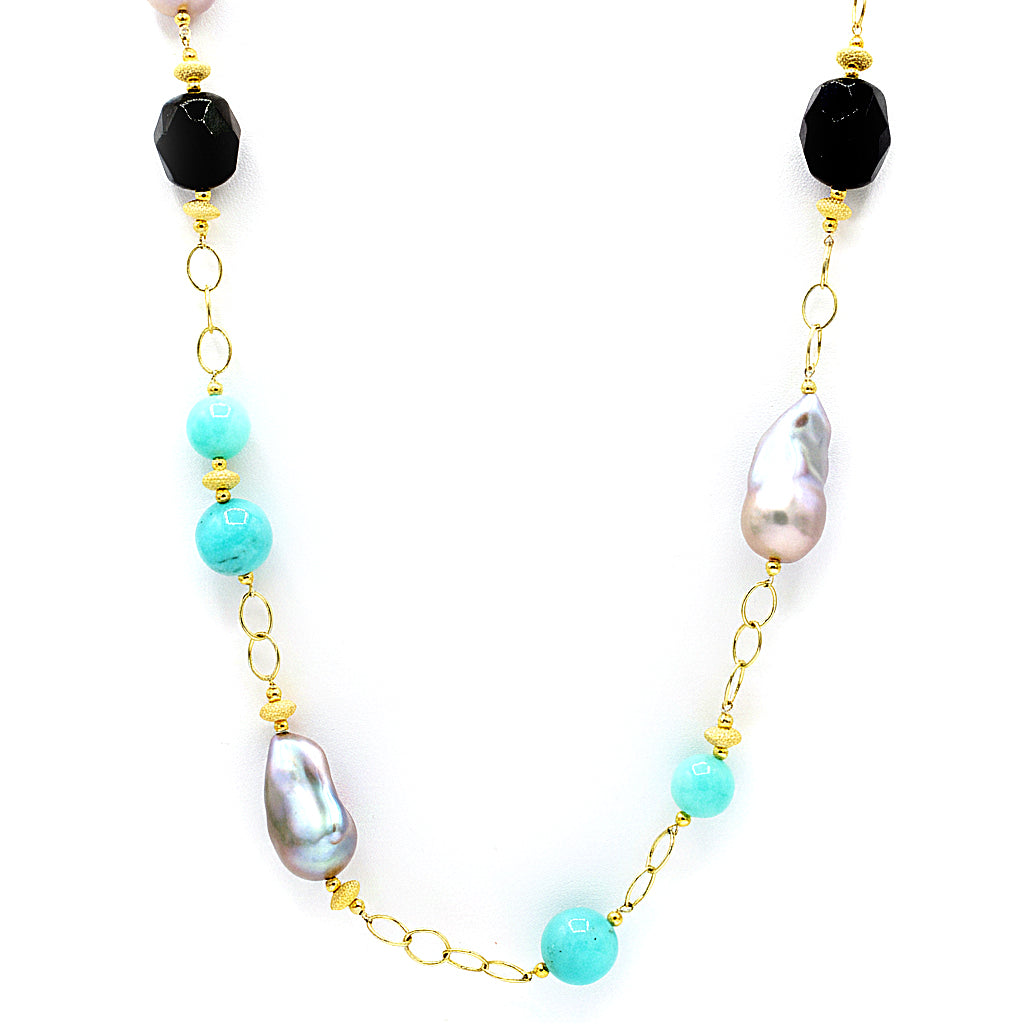 Hall of Jewels Black Obsidian, Freshwater Cultured Pearls & Amazonite Necklace