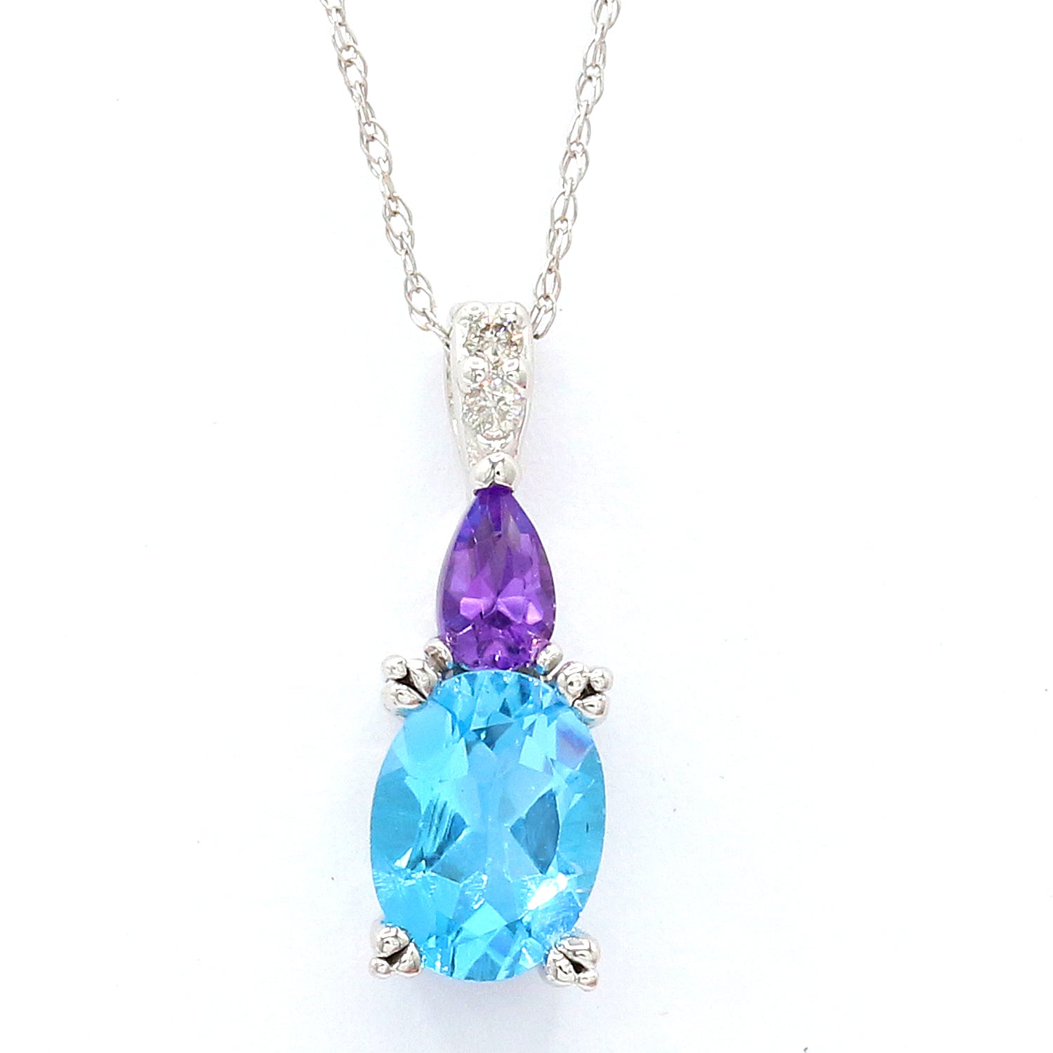 Golden Jewel 14K White Gold 1.80ctw Aqua Blue Topaz, Amethyst & Diamond Pendant