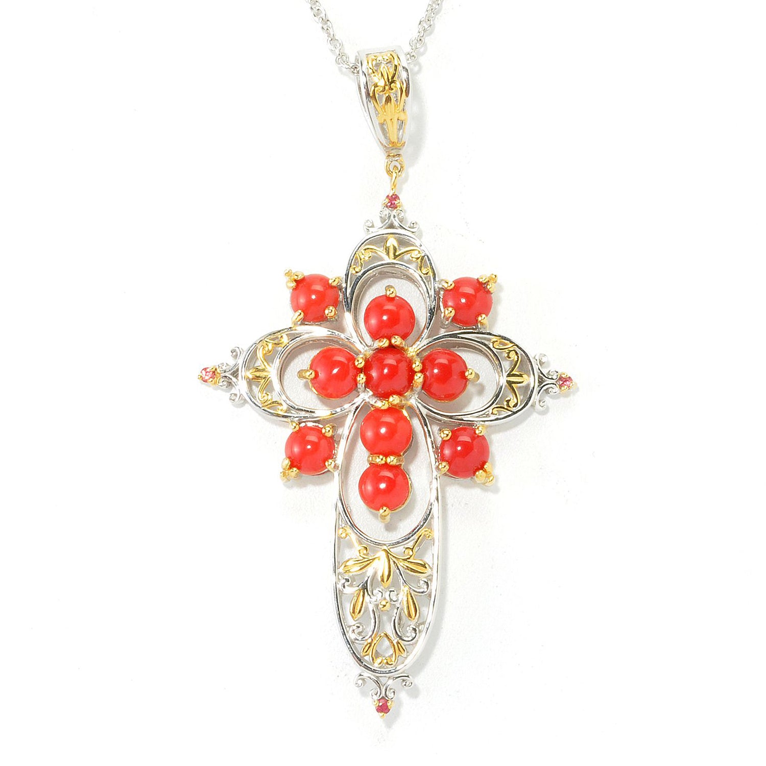 Gems en Vogue Red Coral & Orange Sapphire Cross Pendant