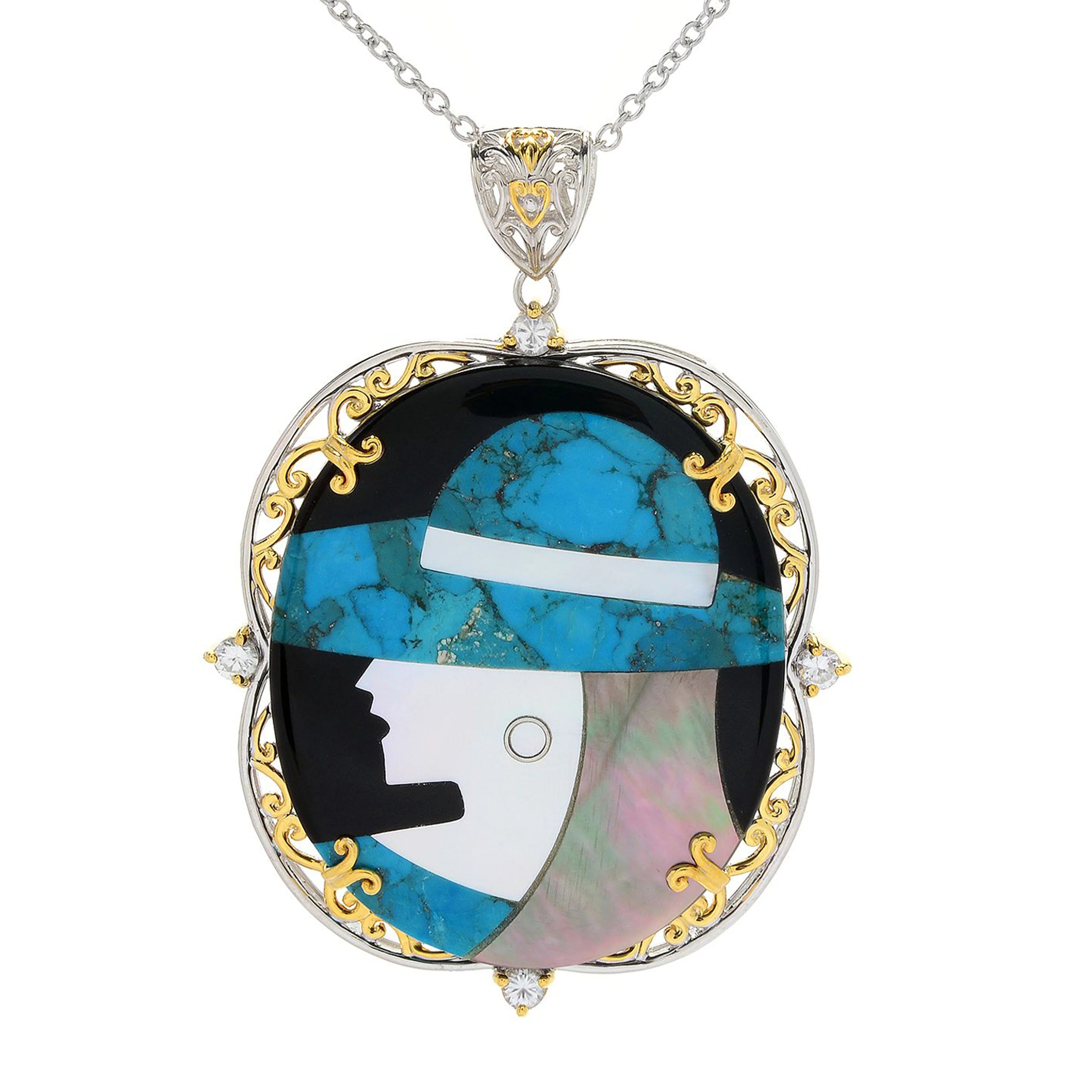 Gems en Vogue Turquoise Inlay Mother-of-Pearl & White Zircon Lady Pendant