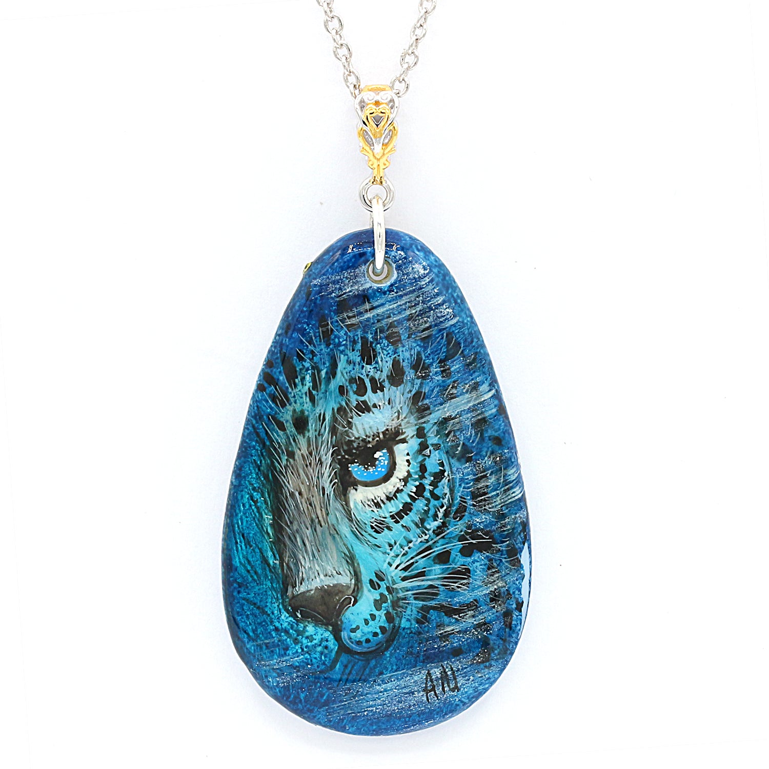 Gems en Vogue Hand Painted Shell & London Blue Topaz Panther Pendant