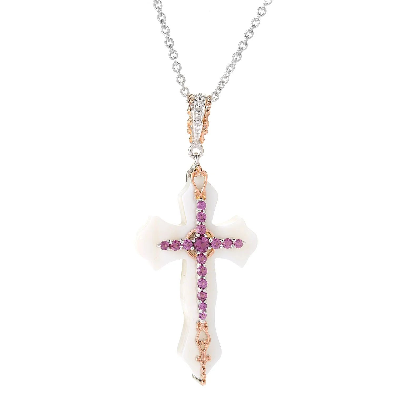 Gems en Vogue Mother of Pearl & Rhodolite Cross Pendant