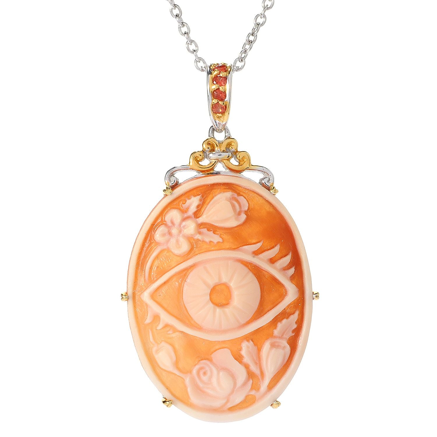 Gems en Vogue Carved Cameo & Orange Sapphire Evil's Eye & Flower Pendant