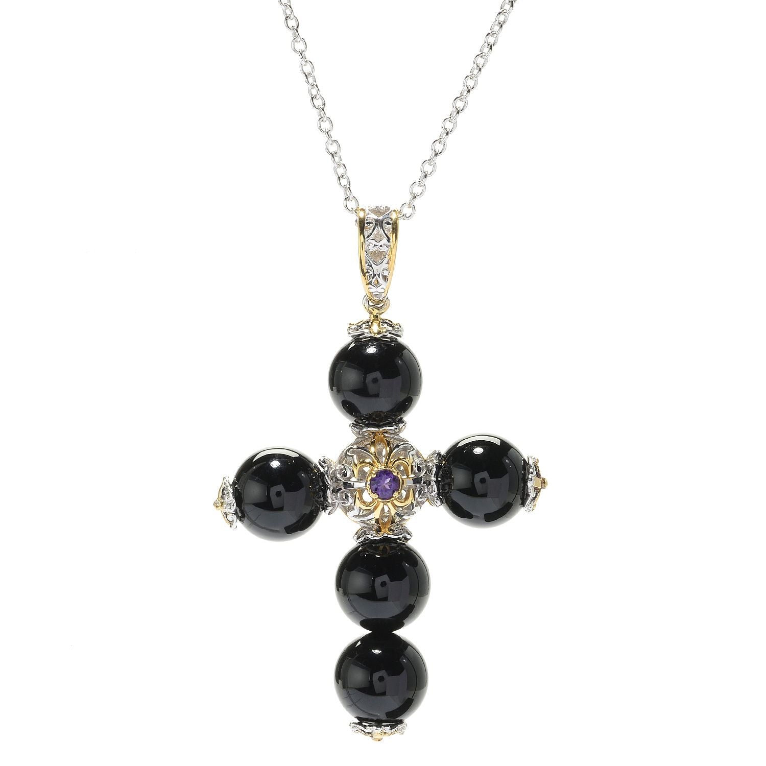 Gems en Vogue 24K Palladium Silver Black Onyx & African Amethyst Cross Pendant