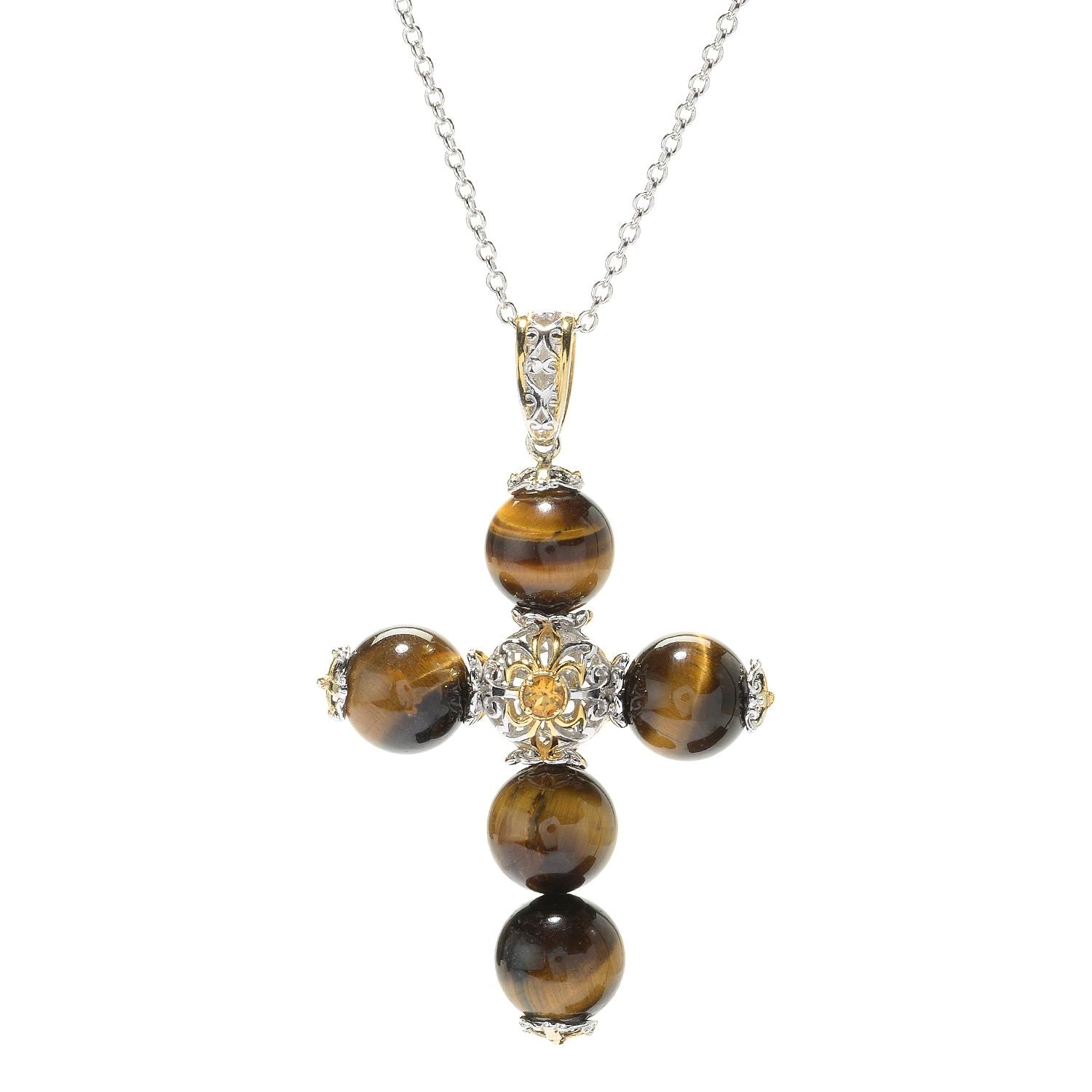 Gems en Vogue Tiger's Eye & Citrine Bead Cross Pendant