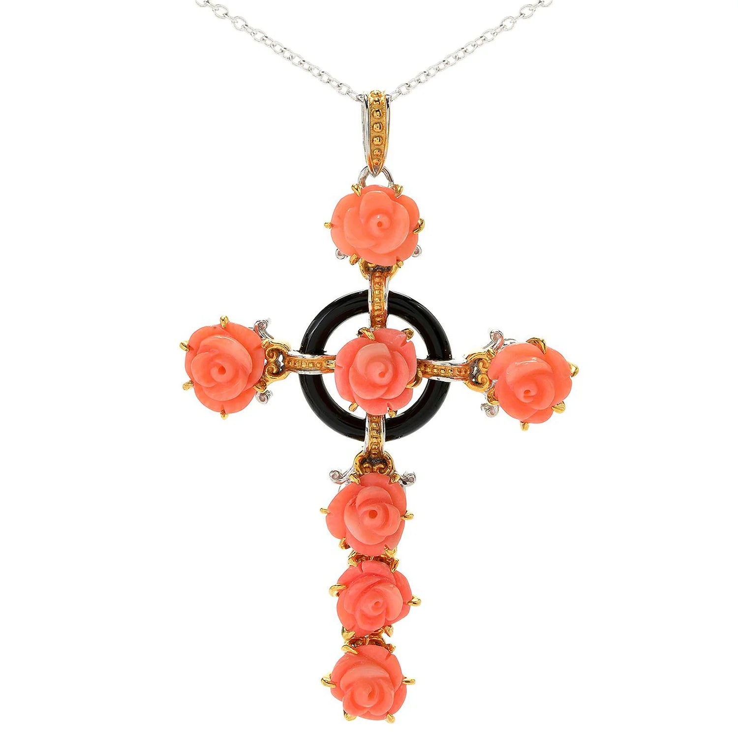 Gems en Vogue Italy Carved Coral Flower & Gemstone Cross Pendant