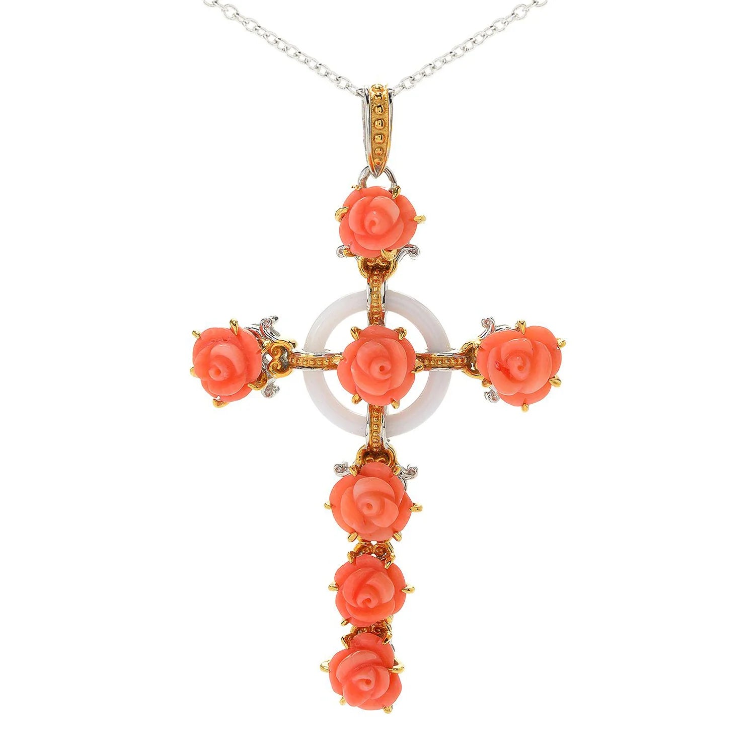 Gems en Vogue Italy Carved Coral Flower & Gemstone Cross Pendant