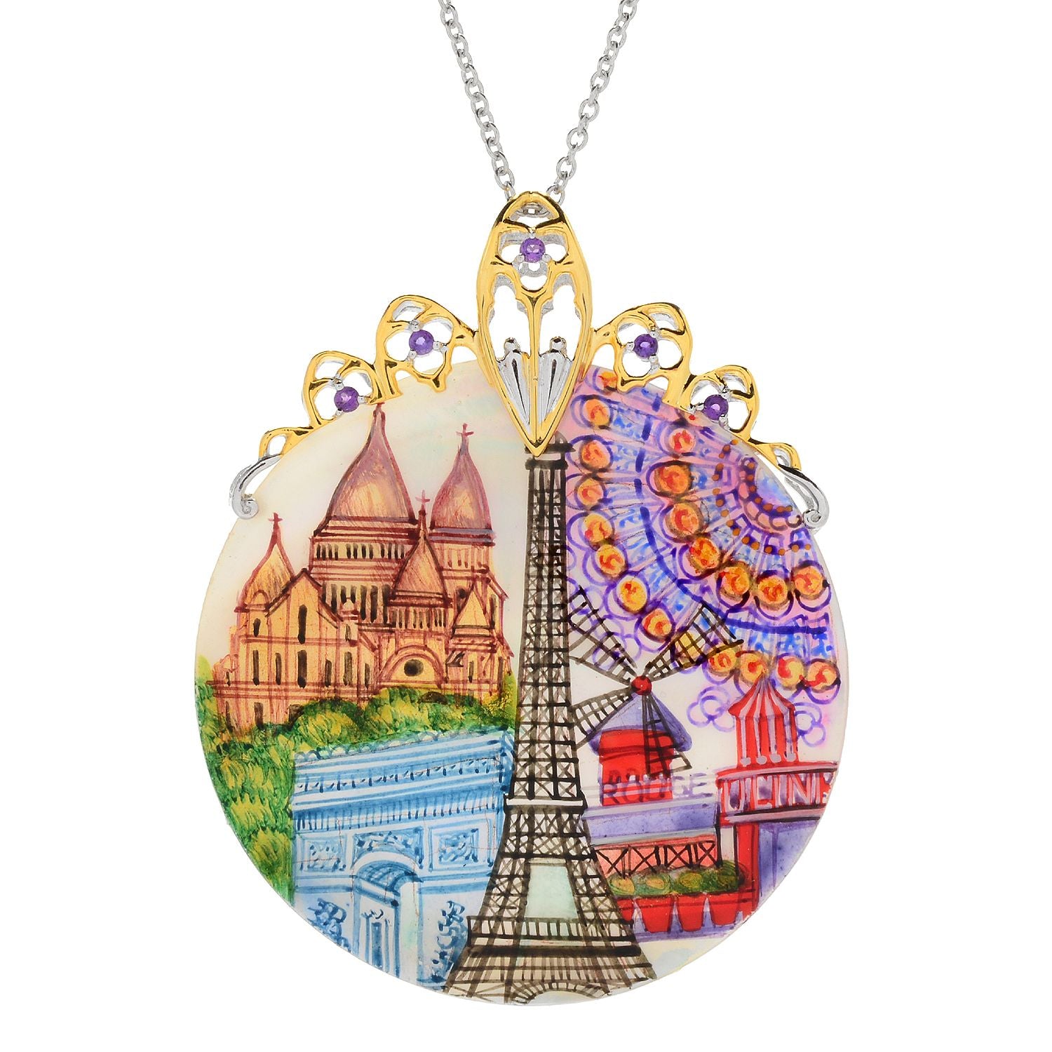 Gems en Vogue Hand Painted Shell & African Amethyst Paris Eiffel Tower Pendant